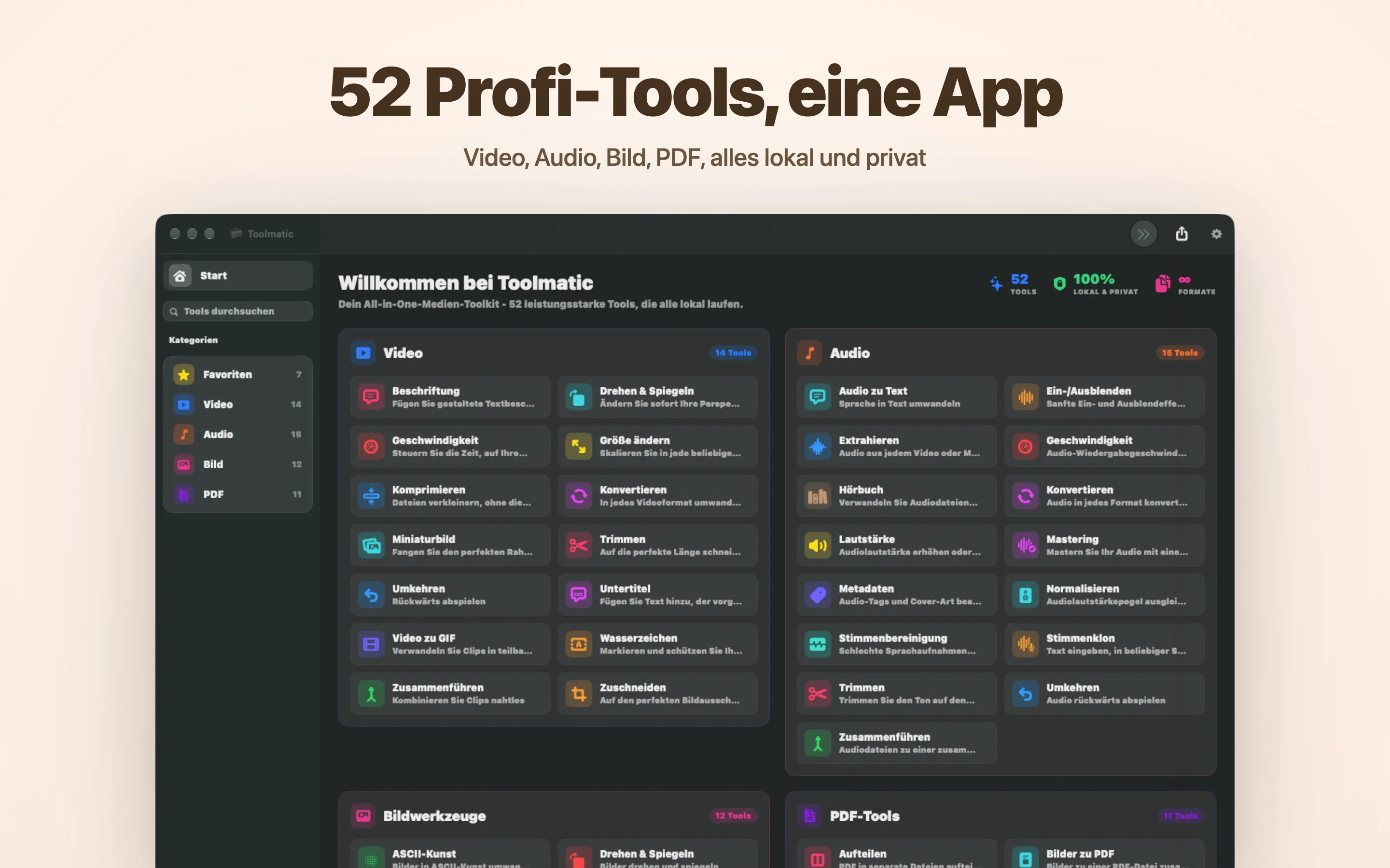 Toolmatic Hauptfenster mit dem kompletten Werkzeugkatalog