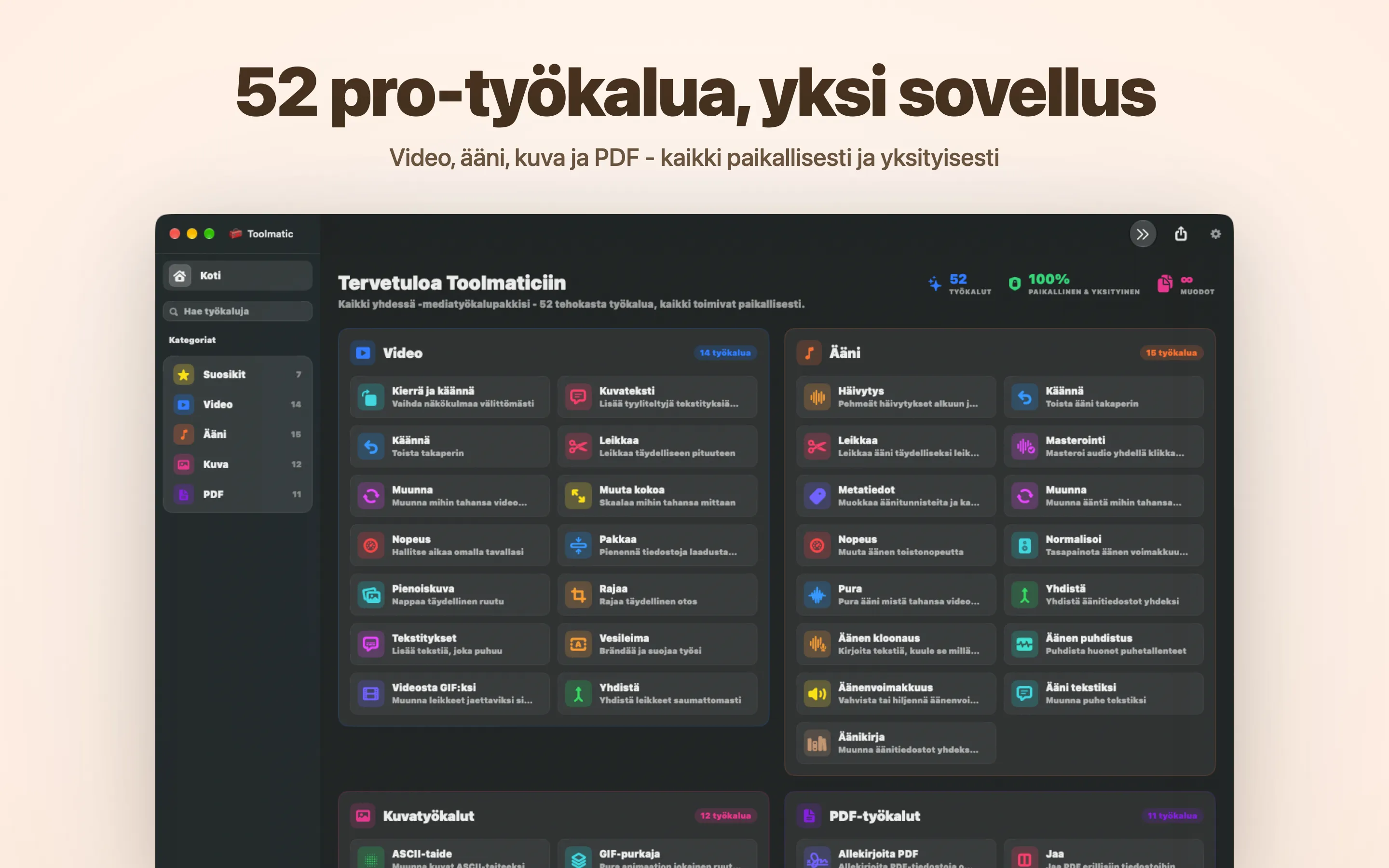 Toolmaticin pääikkuna ja koko työkaluvalikoima