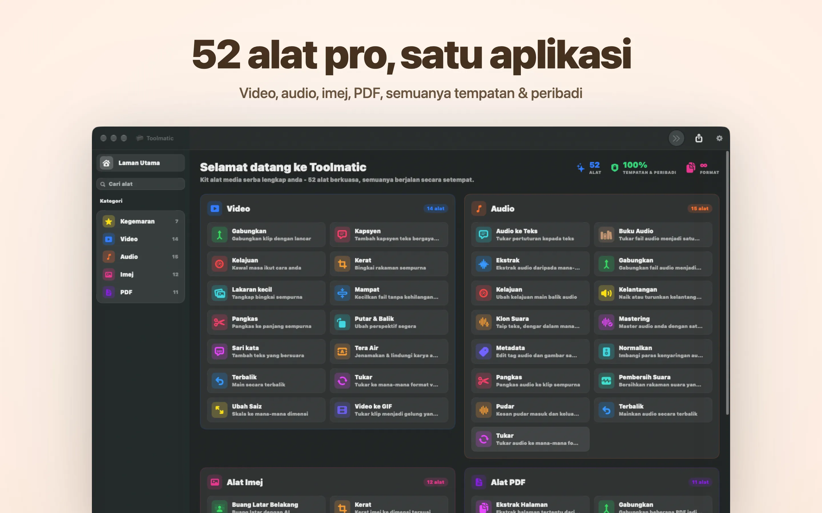 Tetingkap utama Toolmatic dengan katalog alat penuh
