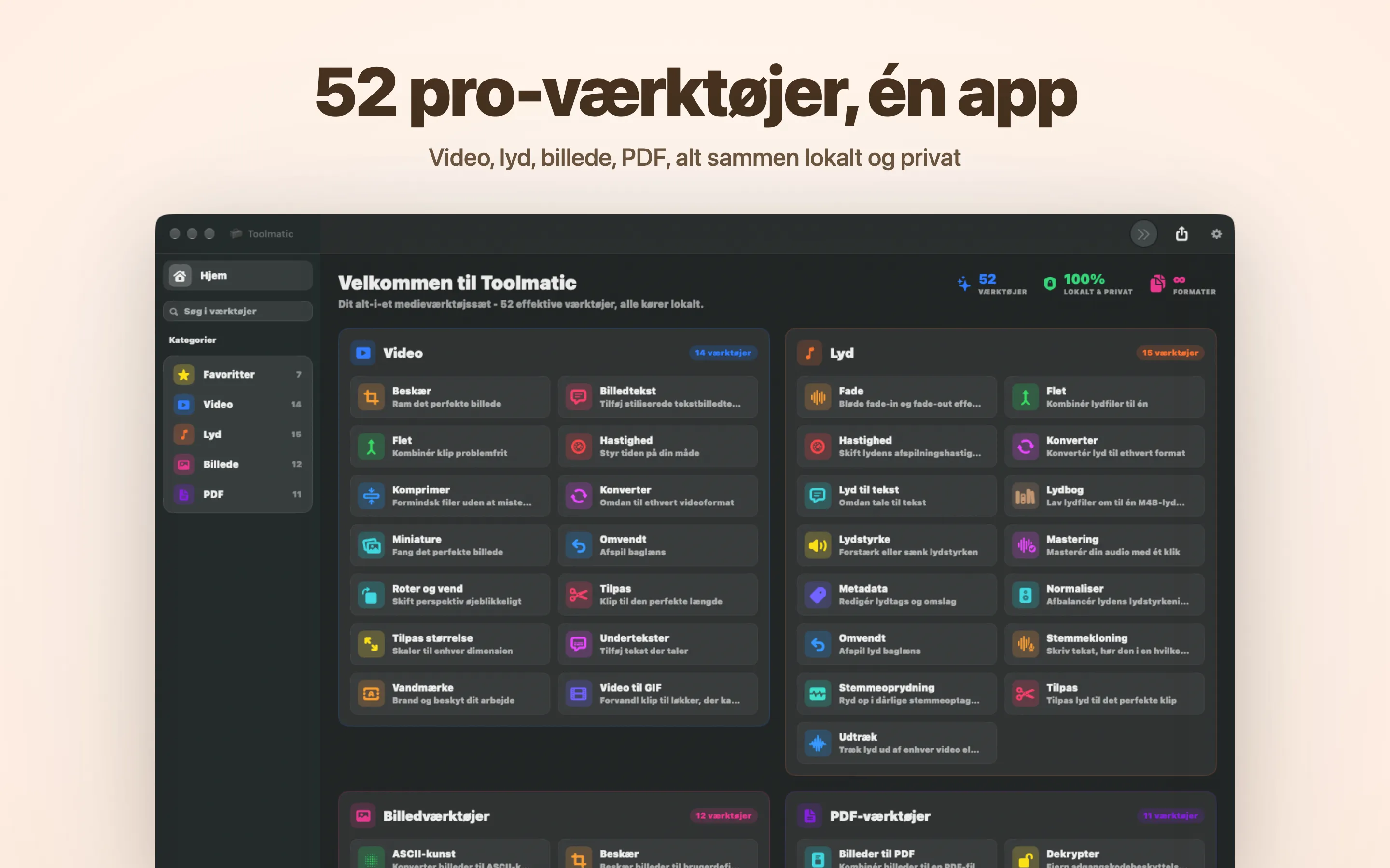 Toolmatics hovedvindue med det fulde værktøjskatalog