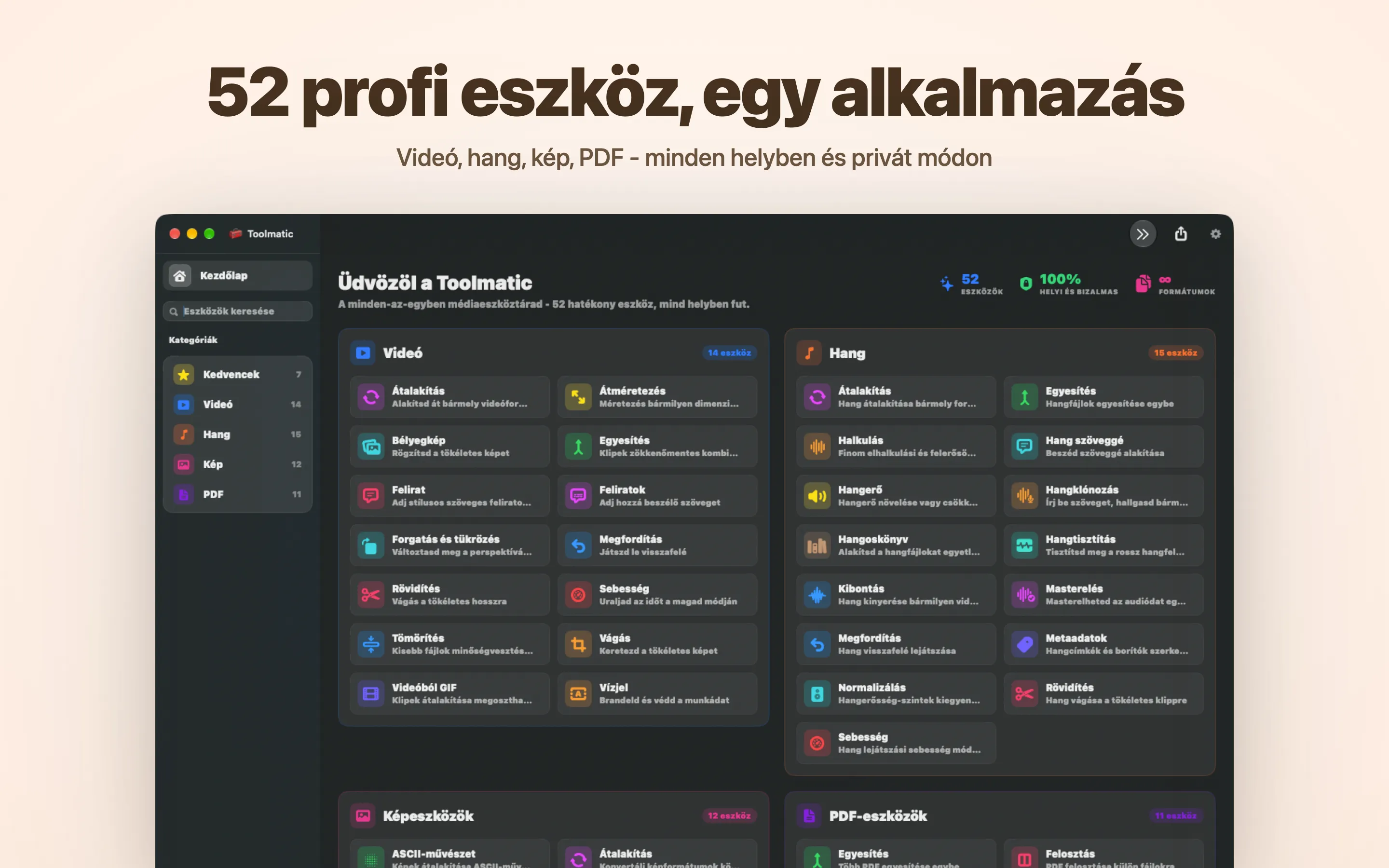 A Toolmatic főablaka a teljes eszközkatalógussal