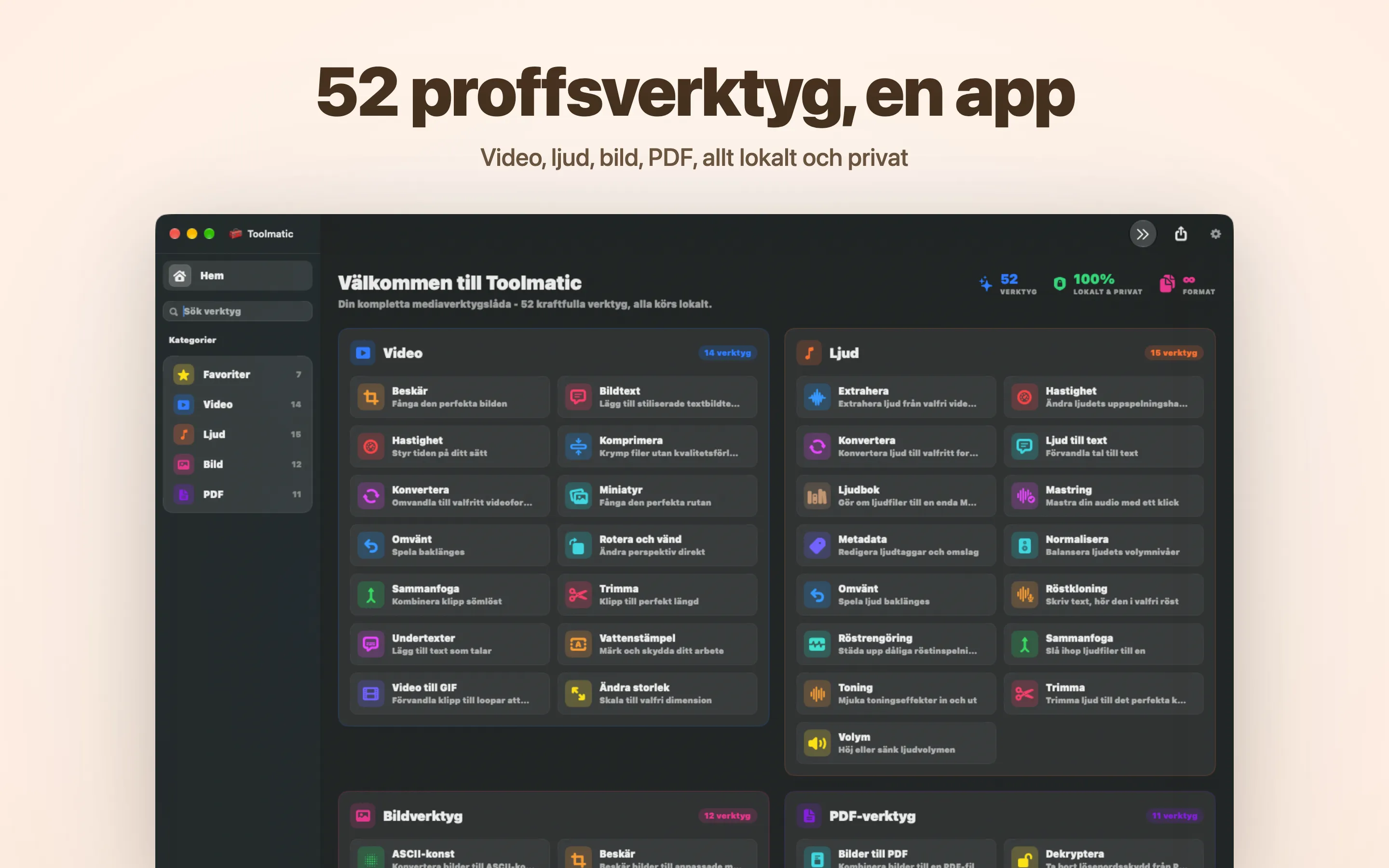 Toolmatics huvudfönster med hela verktygskatalogen