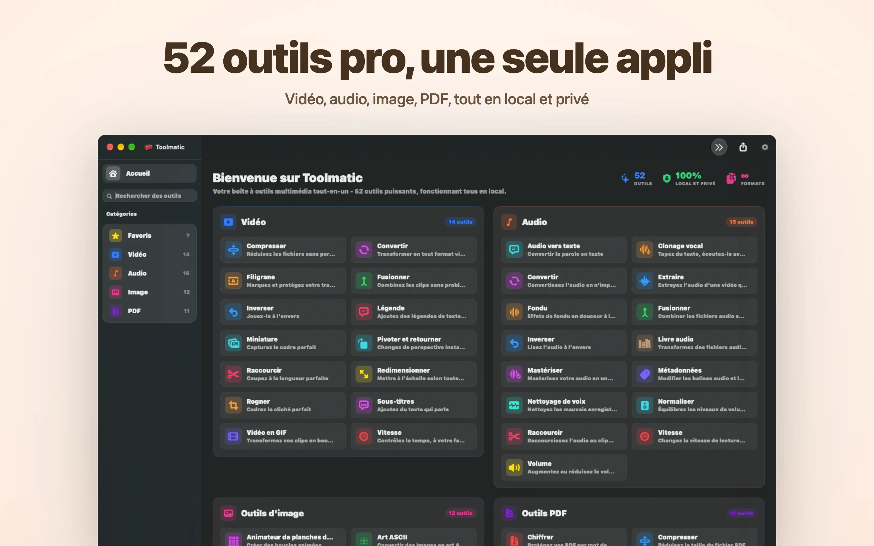 Fenêtre principale de Toolmatic avec le catalogue complet d'outils