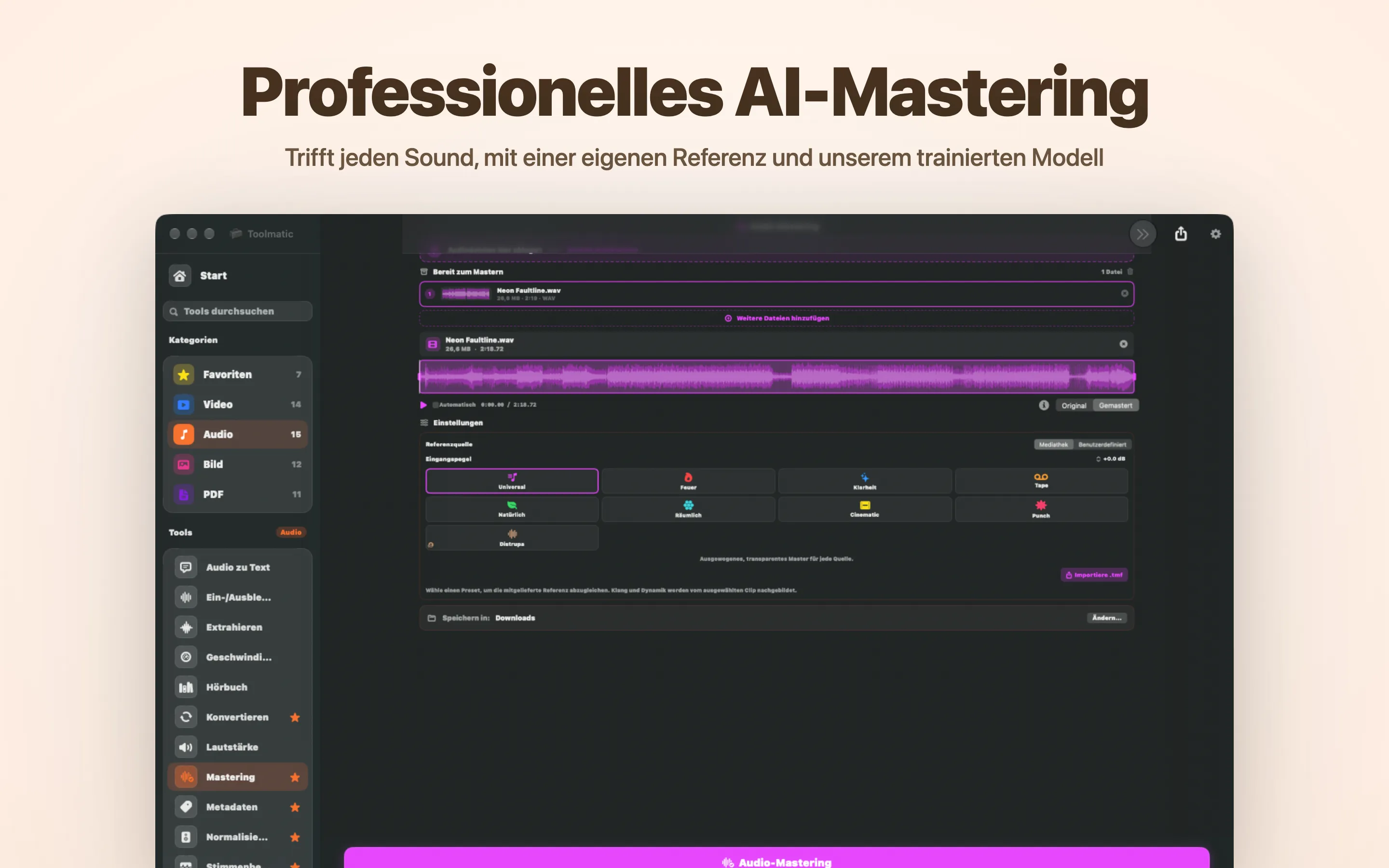 AI Mastering, acht Studio-Presets