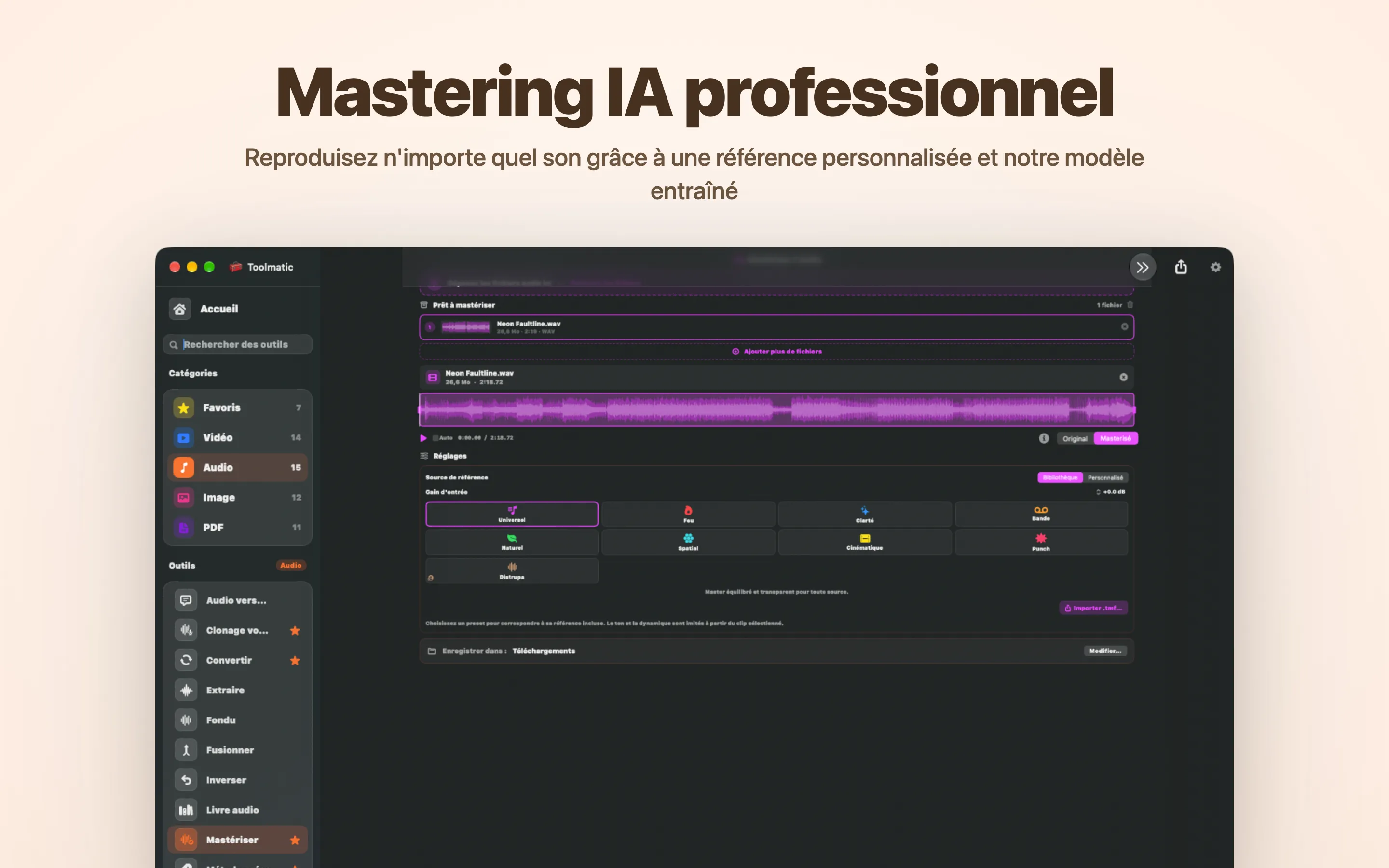 AI Mastering, huit préréglages studio