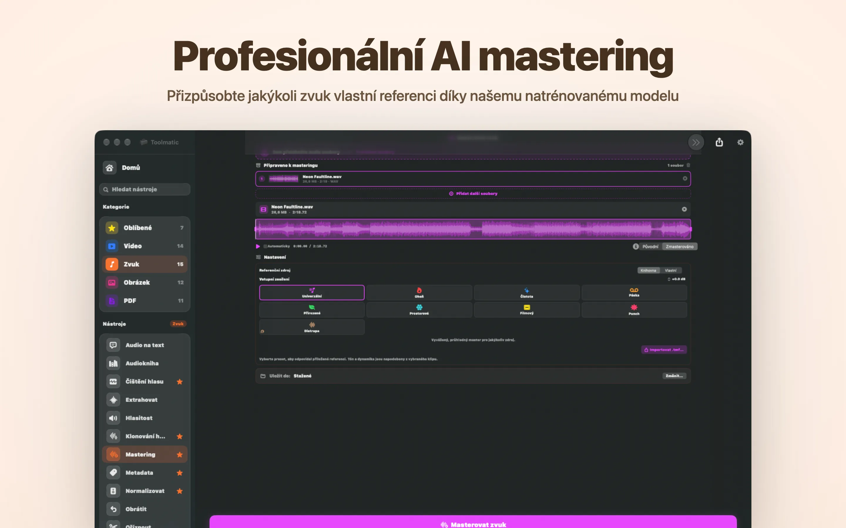 AI Mastering, osm studiových presetů