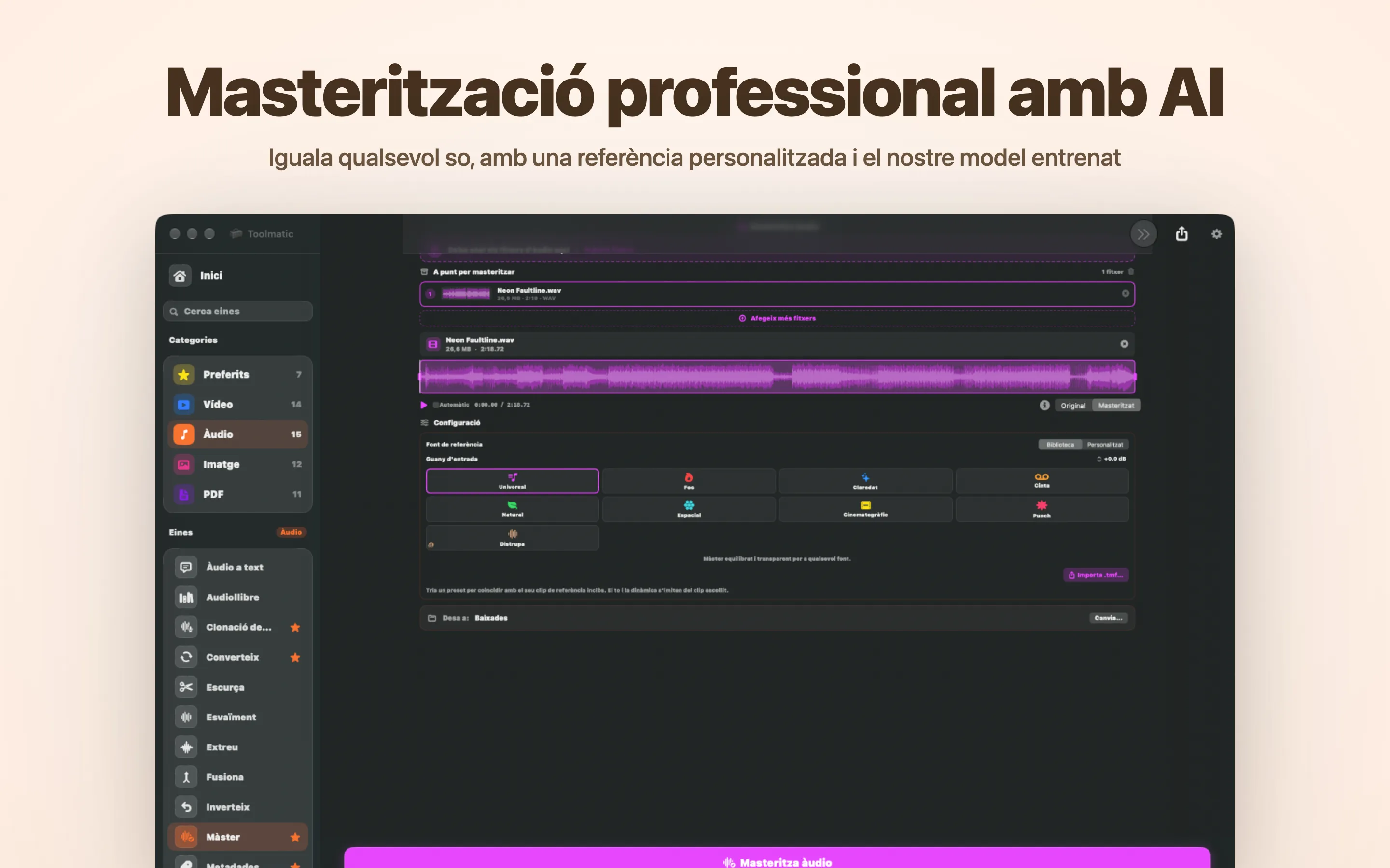 AI Mastering, vuit valors predefinits d'estudi