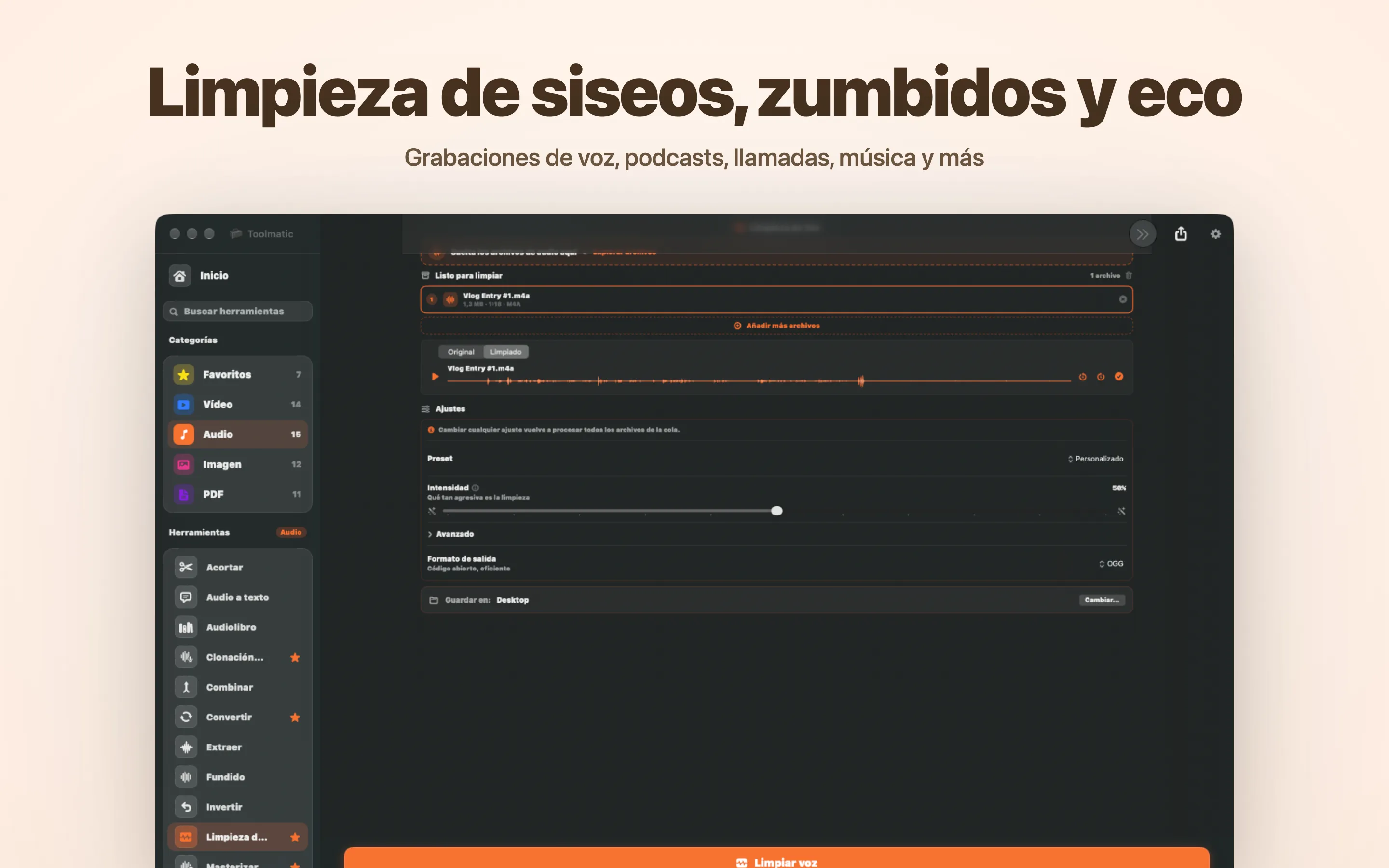Voice Cleanup, sin ruido de fondo, zumbido, eco ni chasquidos