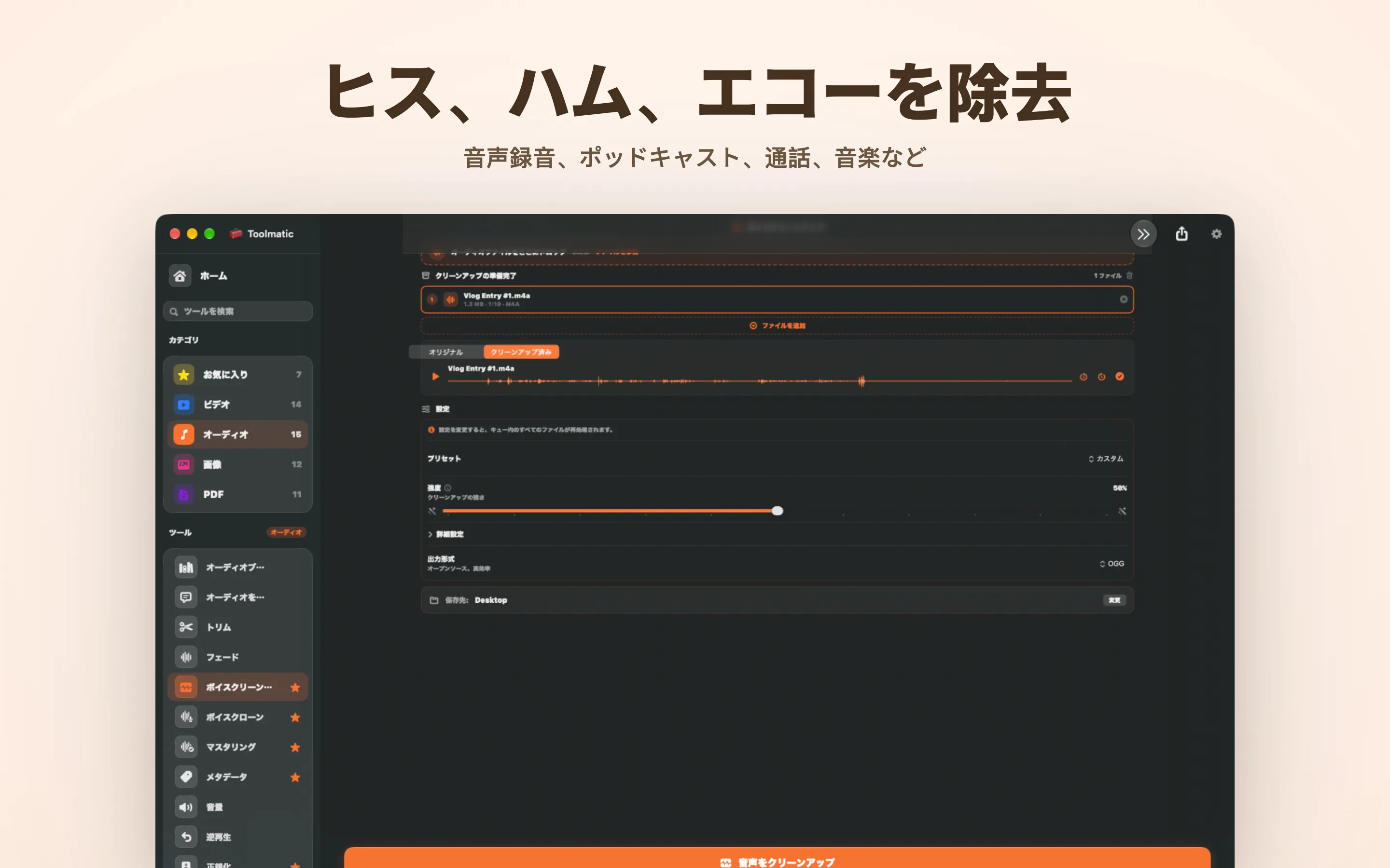 Voice Cleanup、ヒス、ハム、エコー、クリックノイズを除去