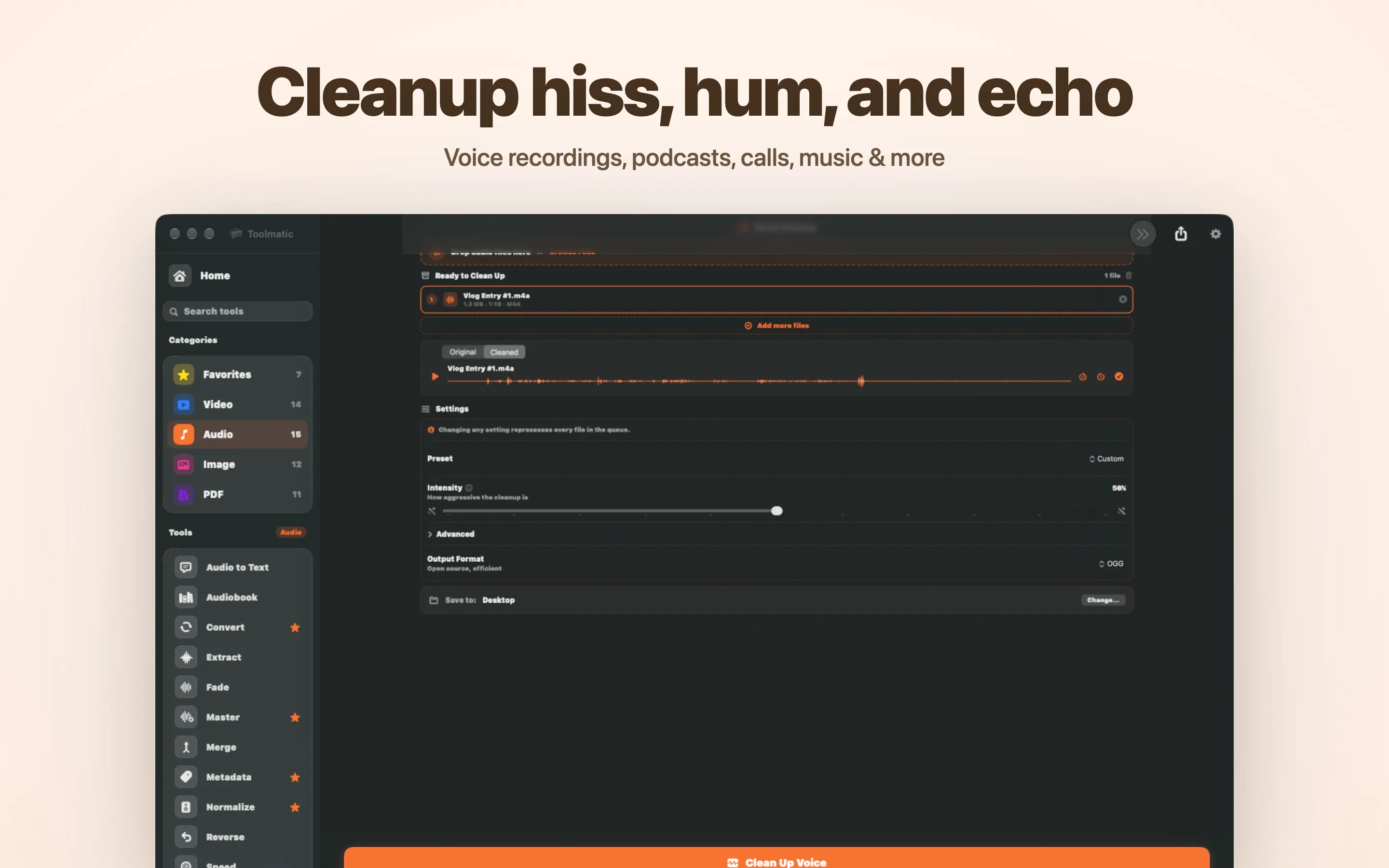 Voice Cleanup, hiss, hum, echo, and clicks gone