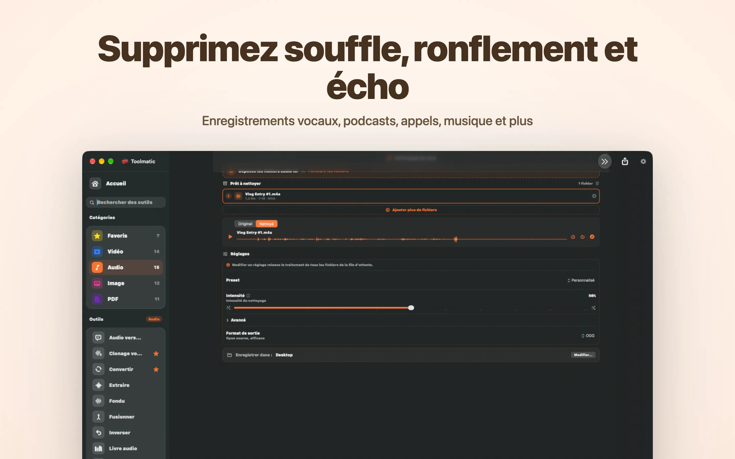 Nettoyage de voix, souffle, ronflement, écho et clics disparus