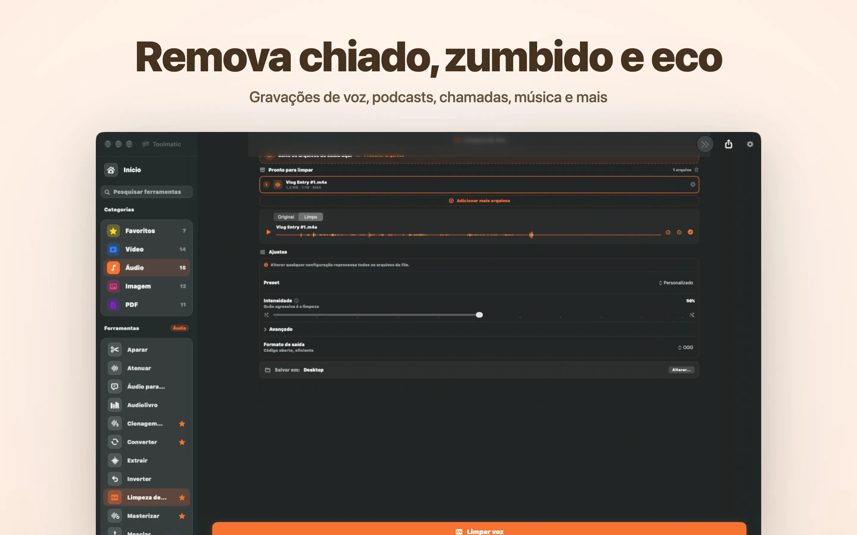 Limpeza de Voz, chiado, zumbido, eco e cliques eliminados