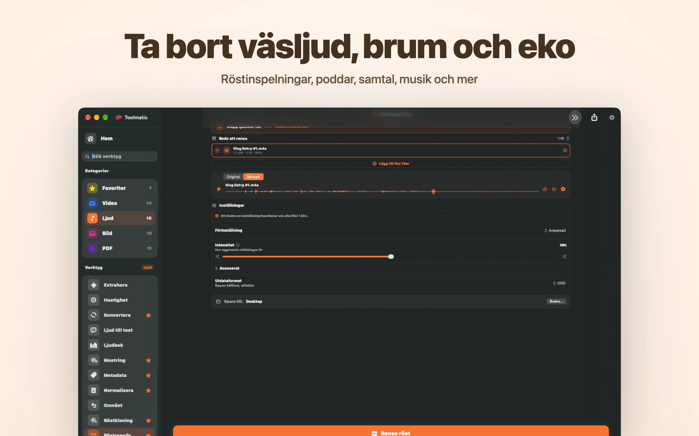 Voice Cleanup, brus, brum, eko och klick borta