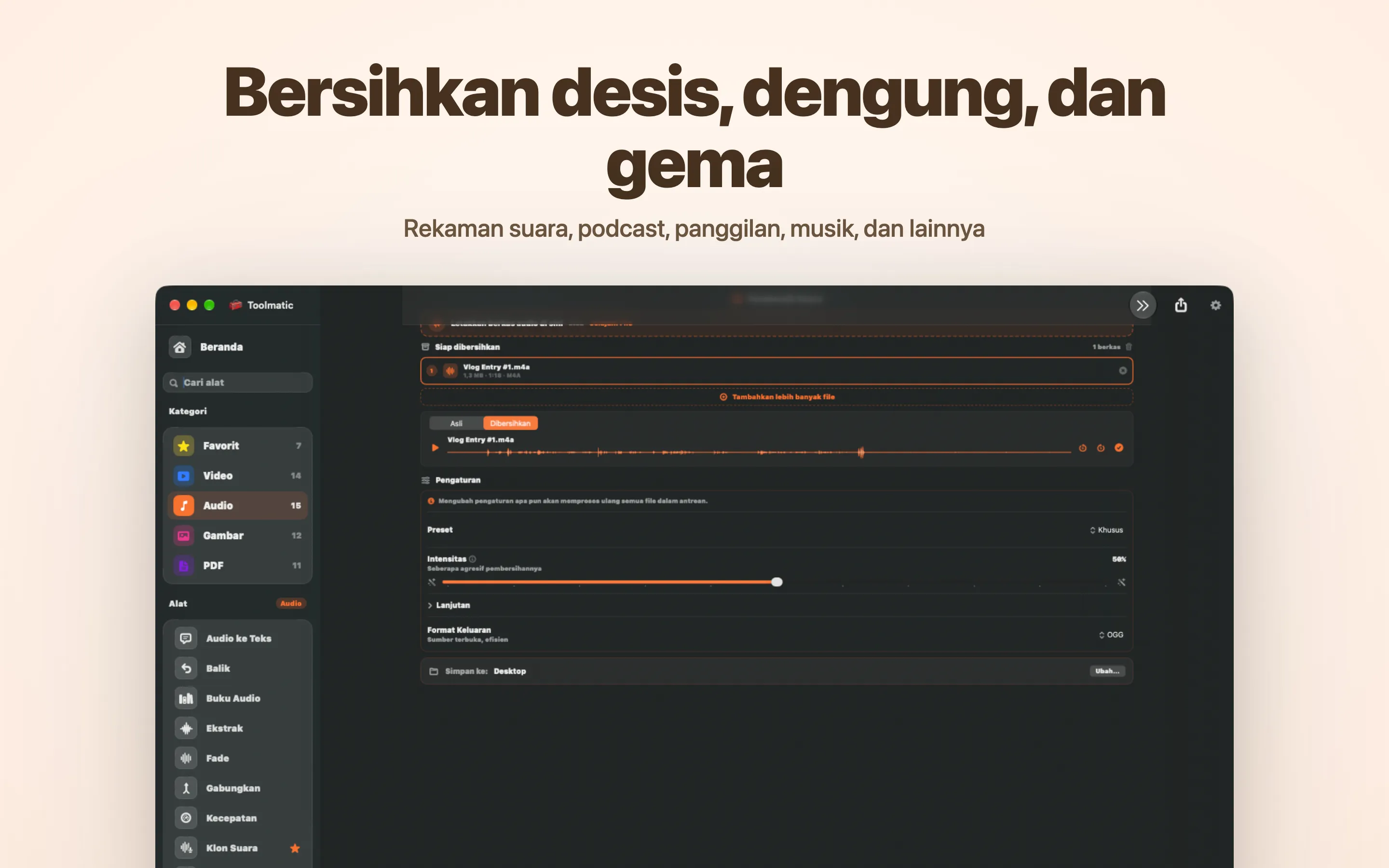Voice Cleanup, desis, dengung, gema, dan klik hilang