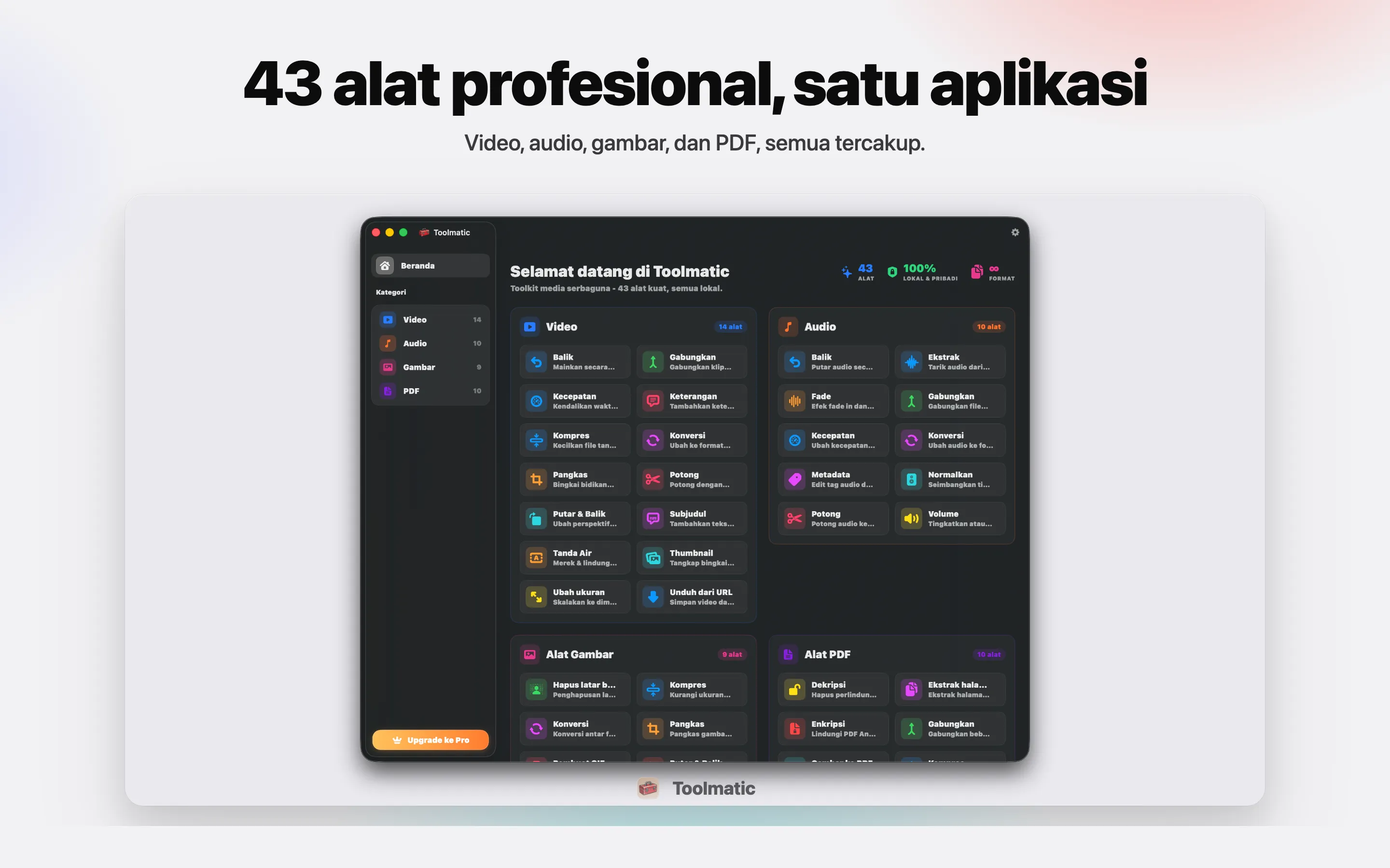 [ PRODUCT SHOT, jendela utama Toolmatic di macOS Sonoma, 2560x1440 ]