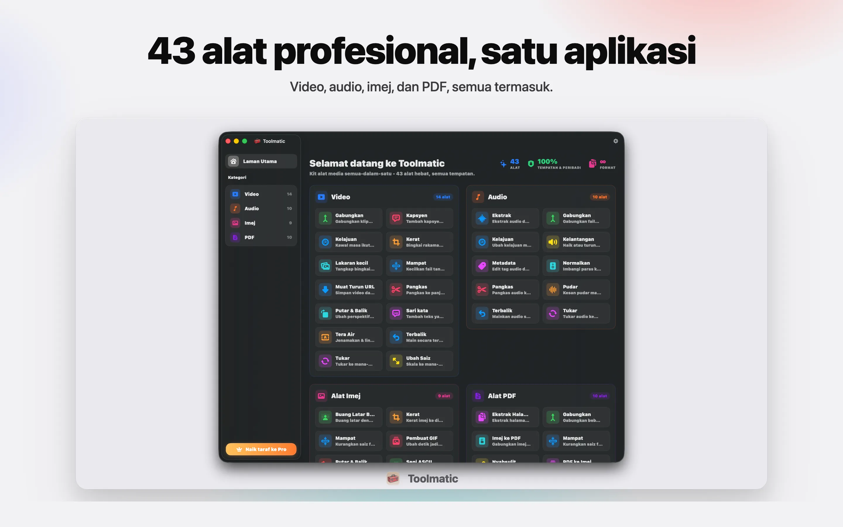 [ PRODUCT SHOT, tetingkap utama Toolmatic pada macOS Sonoma, 2560x1440 ]