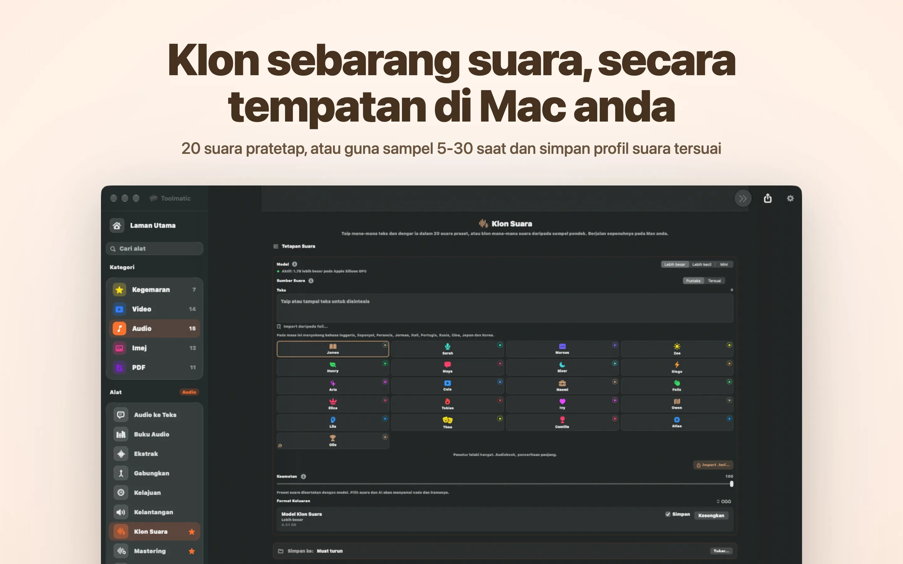 Klon sebarang suara, secara tempatan di Mac anda