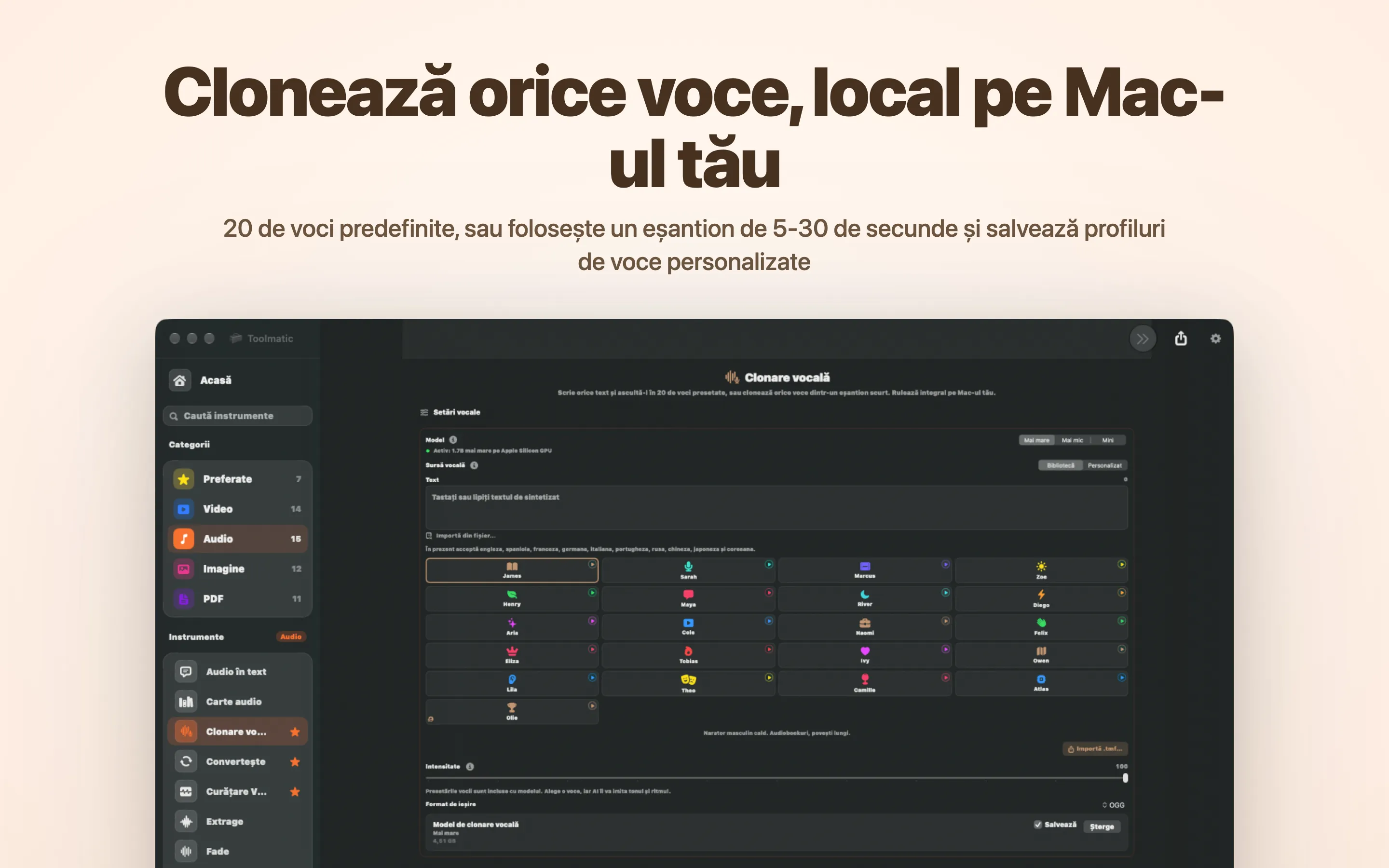 Clonează orice voce, local pe Mac-ul tău