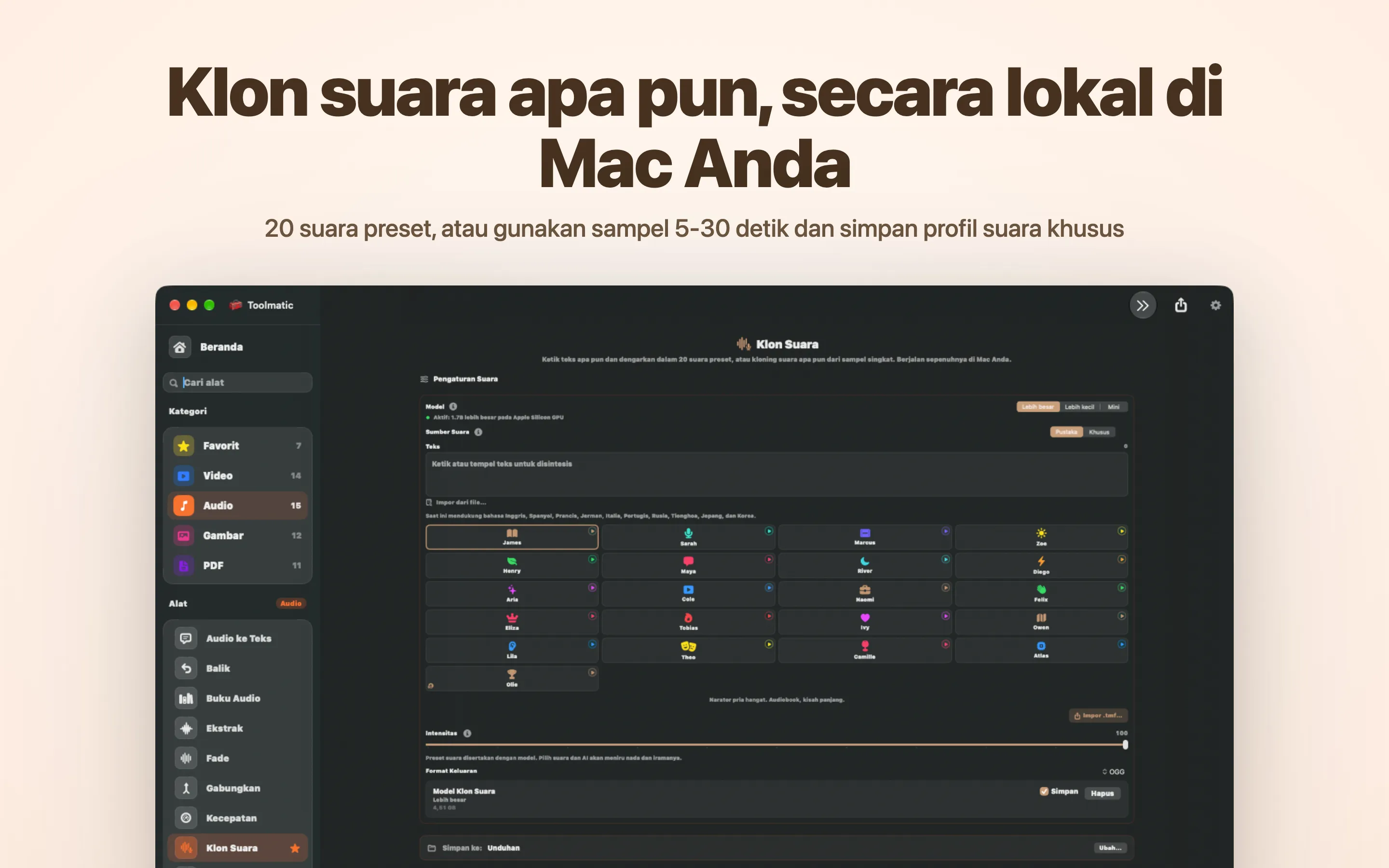 Klon suara apa pun, secara lokal di Mac Anda