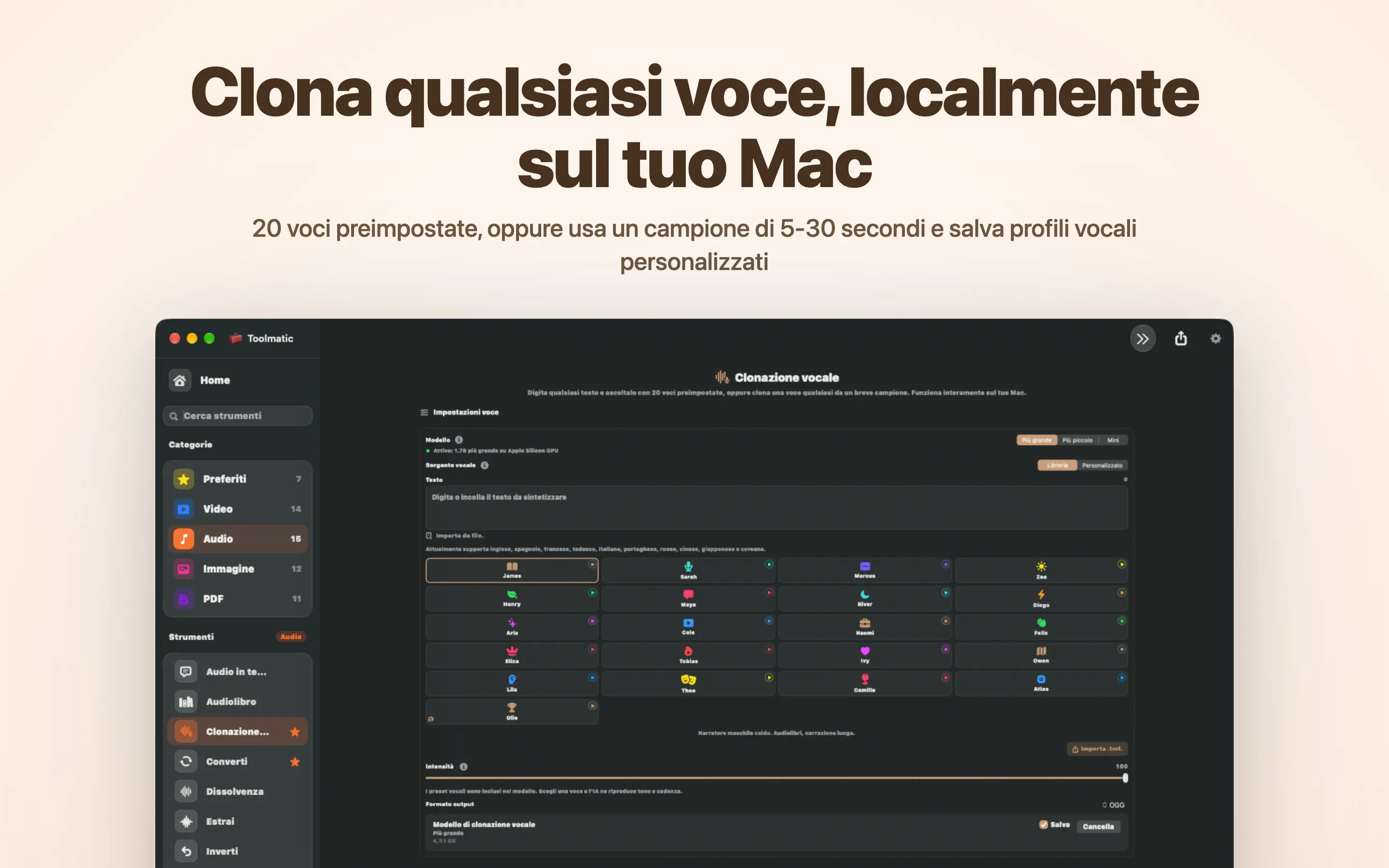 Clona qualsiasi voce, localmente sul tuo Mac