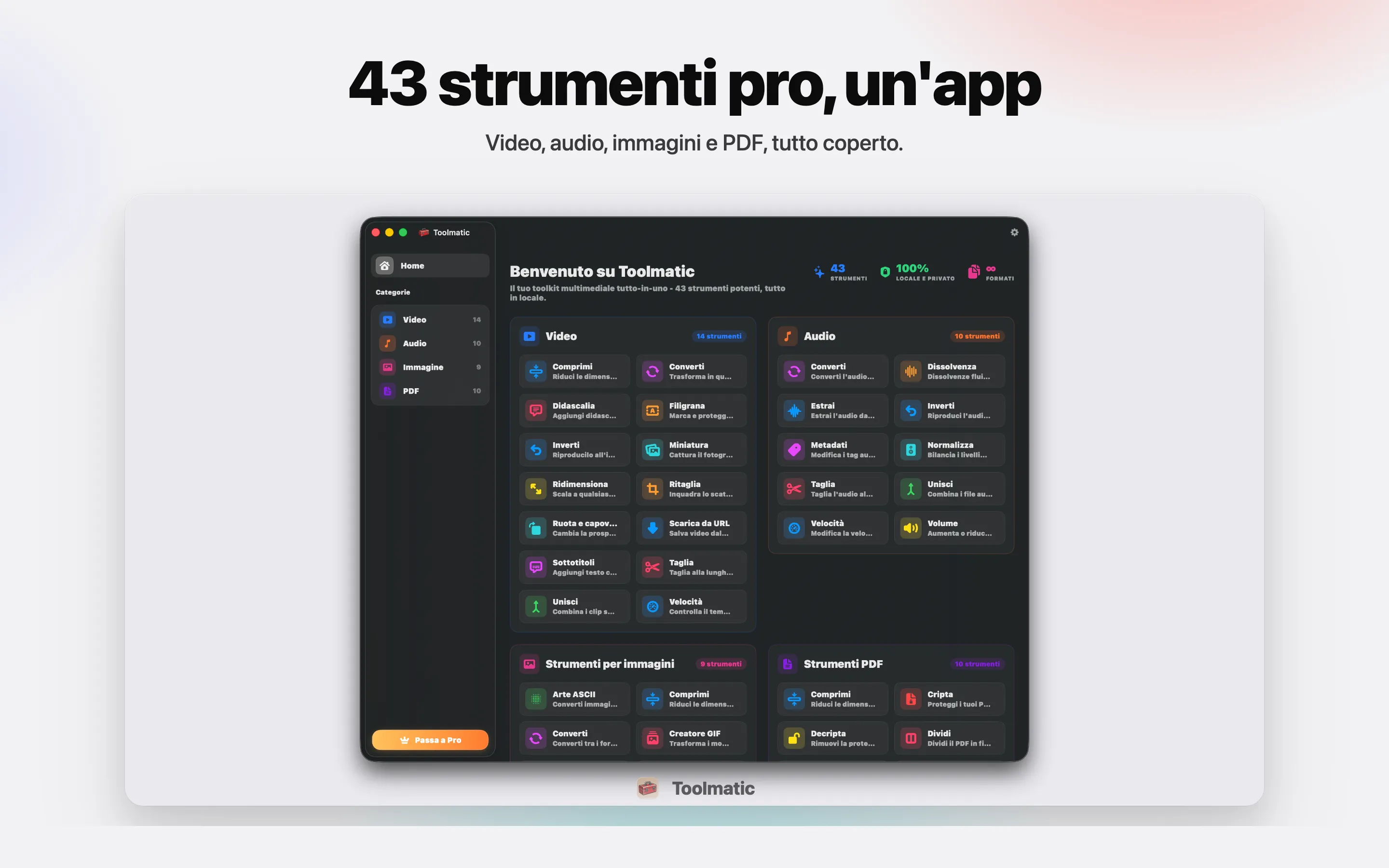 [ PRODUCT SHOT, finestra principale di Toolmatic su macOS Sonoma, 2560x1440 ]