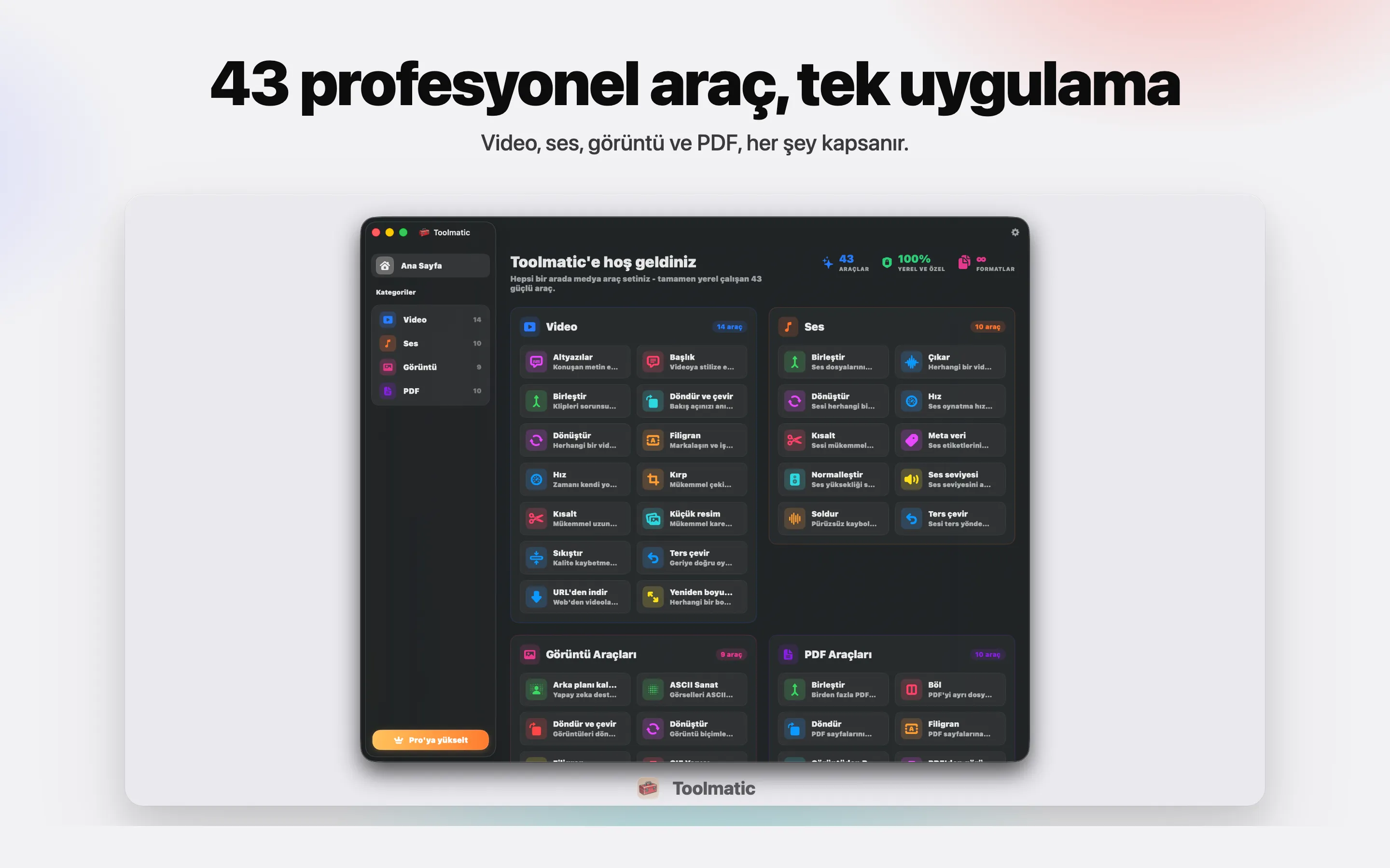 [ ÜRÜN GÖRSELİ, macOS Sonoma üzerinde Toolmatic ana penceresi, 2560x1440 ]