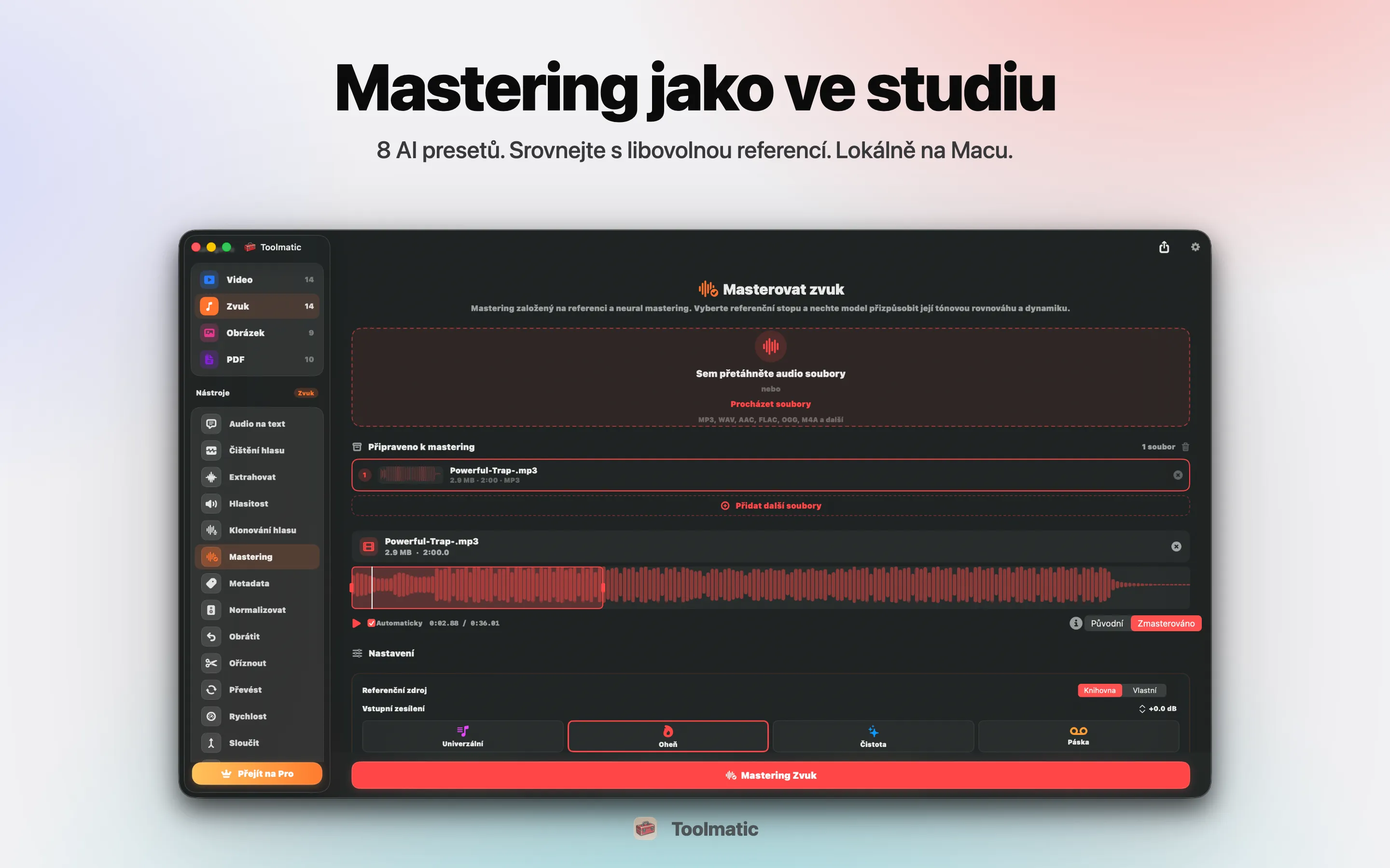 AI Mastering, osm studiových presetů