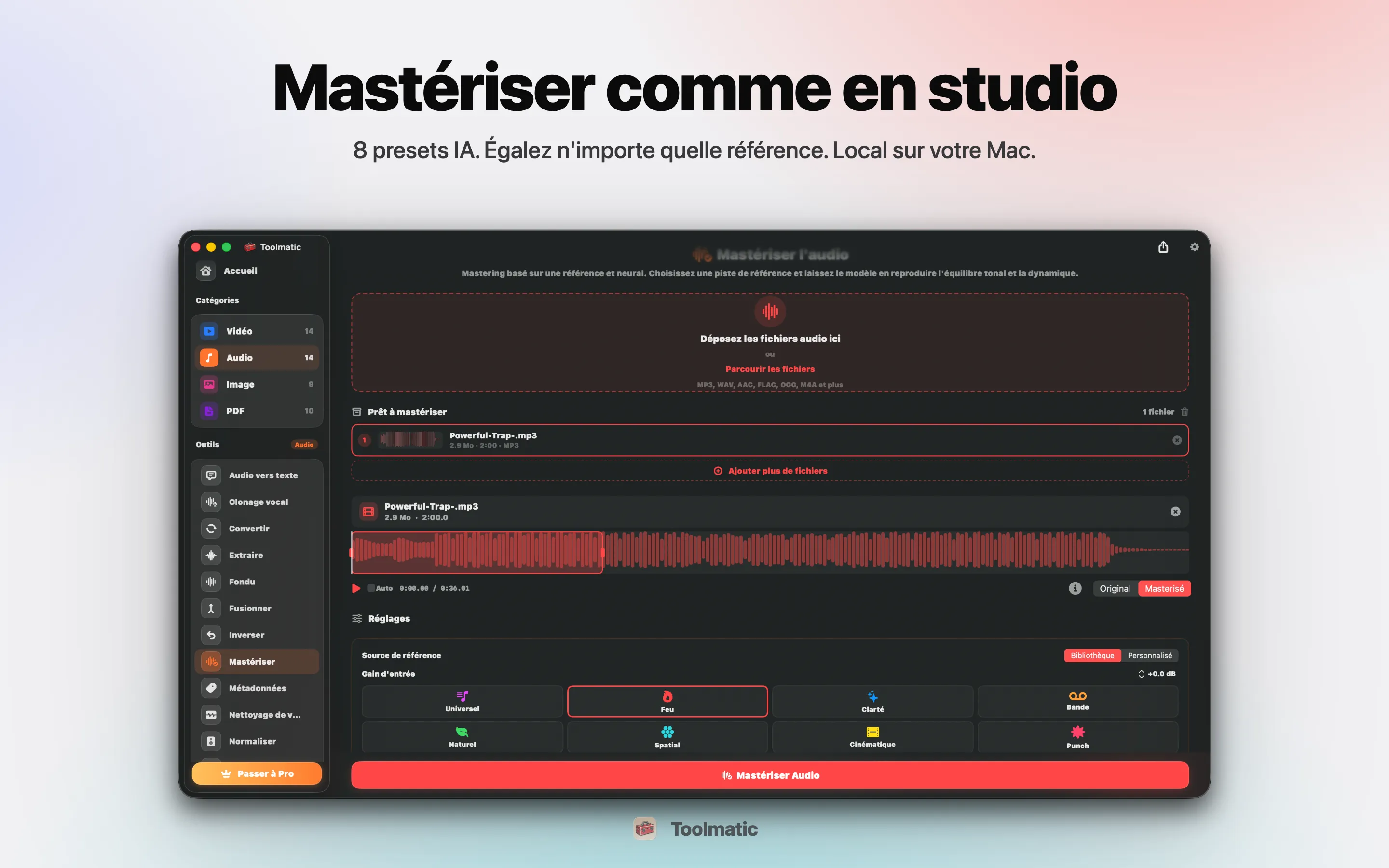 AI Mastering, huit préréglages studio