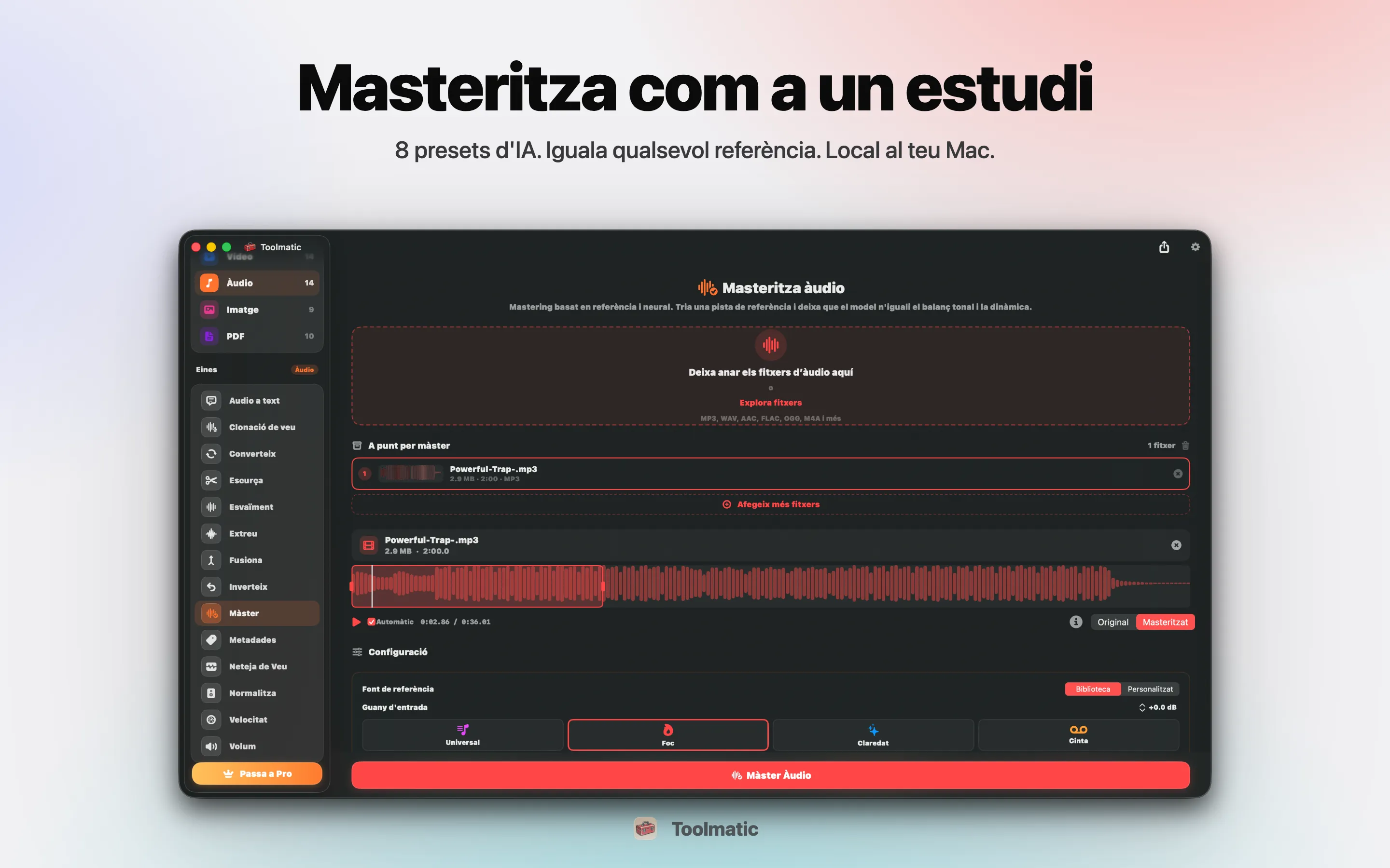 AI Mastering, vuit valors predefinits d'estudi