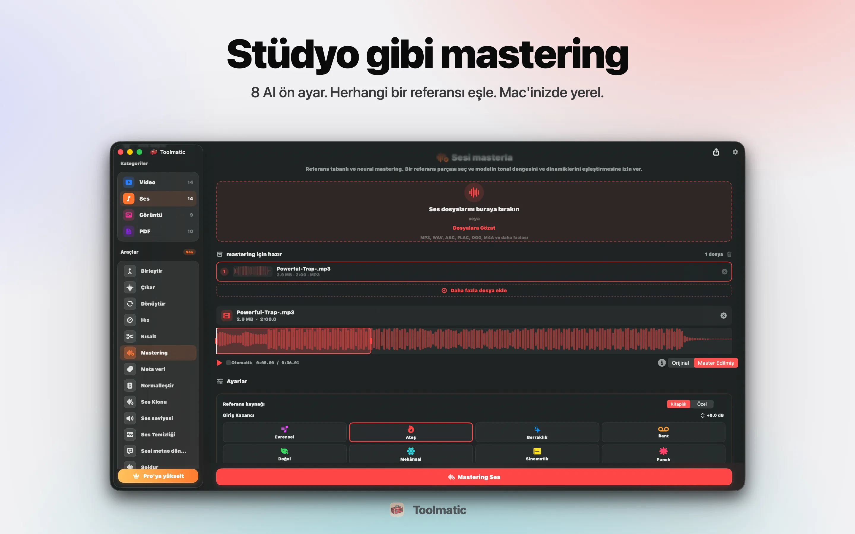 AI Mastering, sekiz stüdyo preset