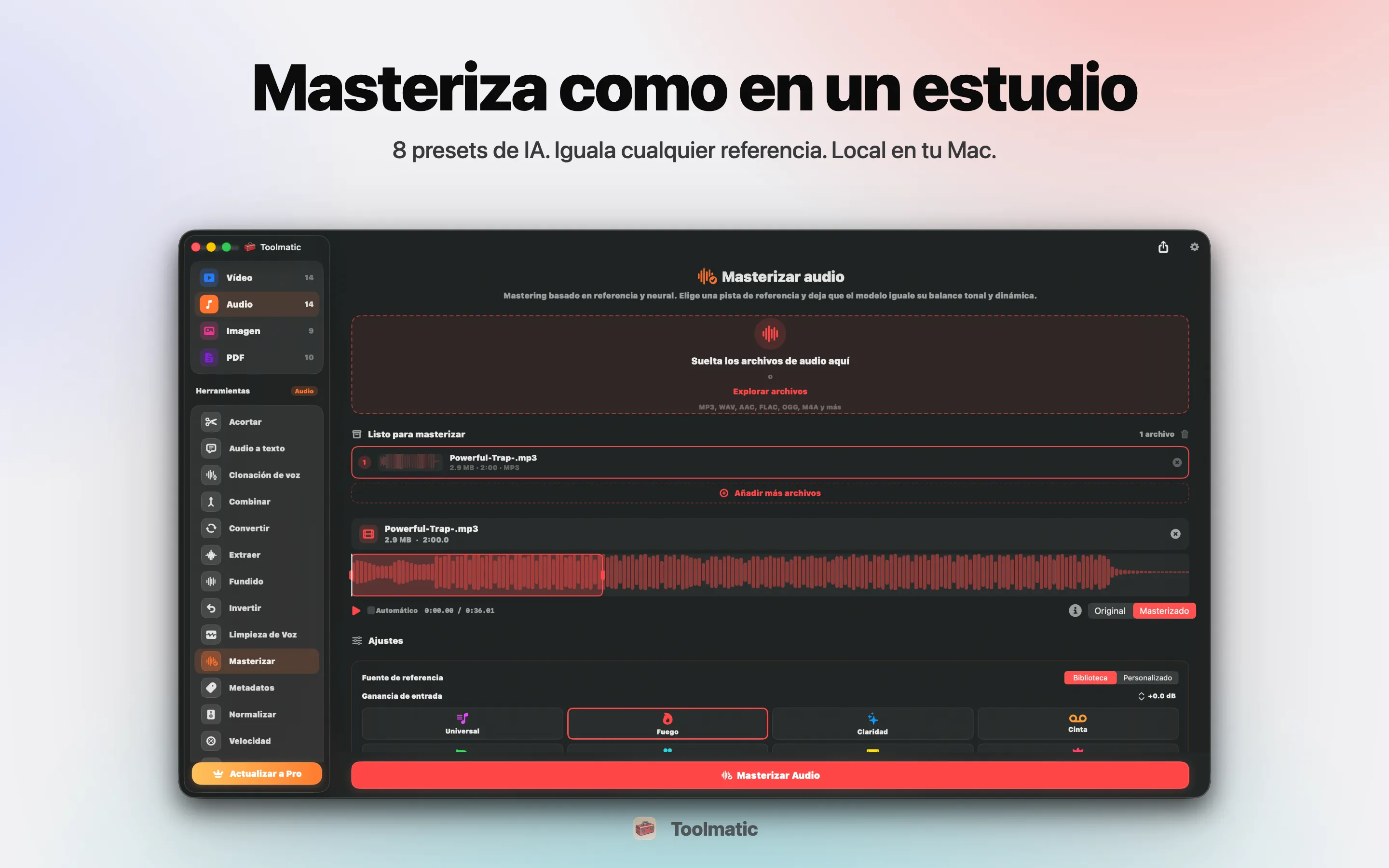 AI Mastering, ocho ajustes de estudio