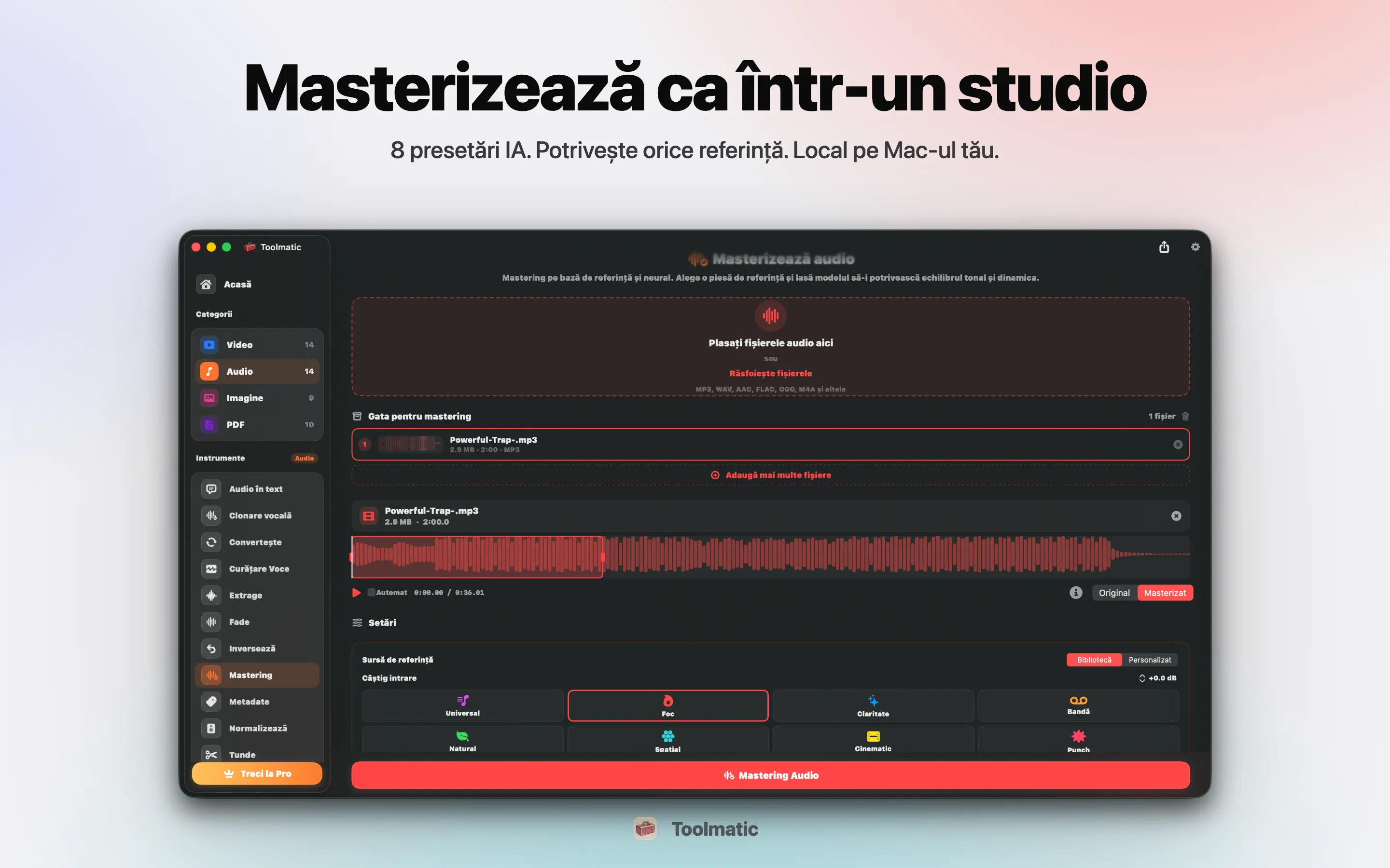 AI Mastering, opt presetări de studio