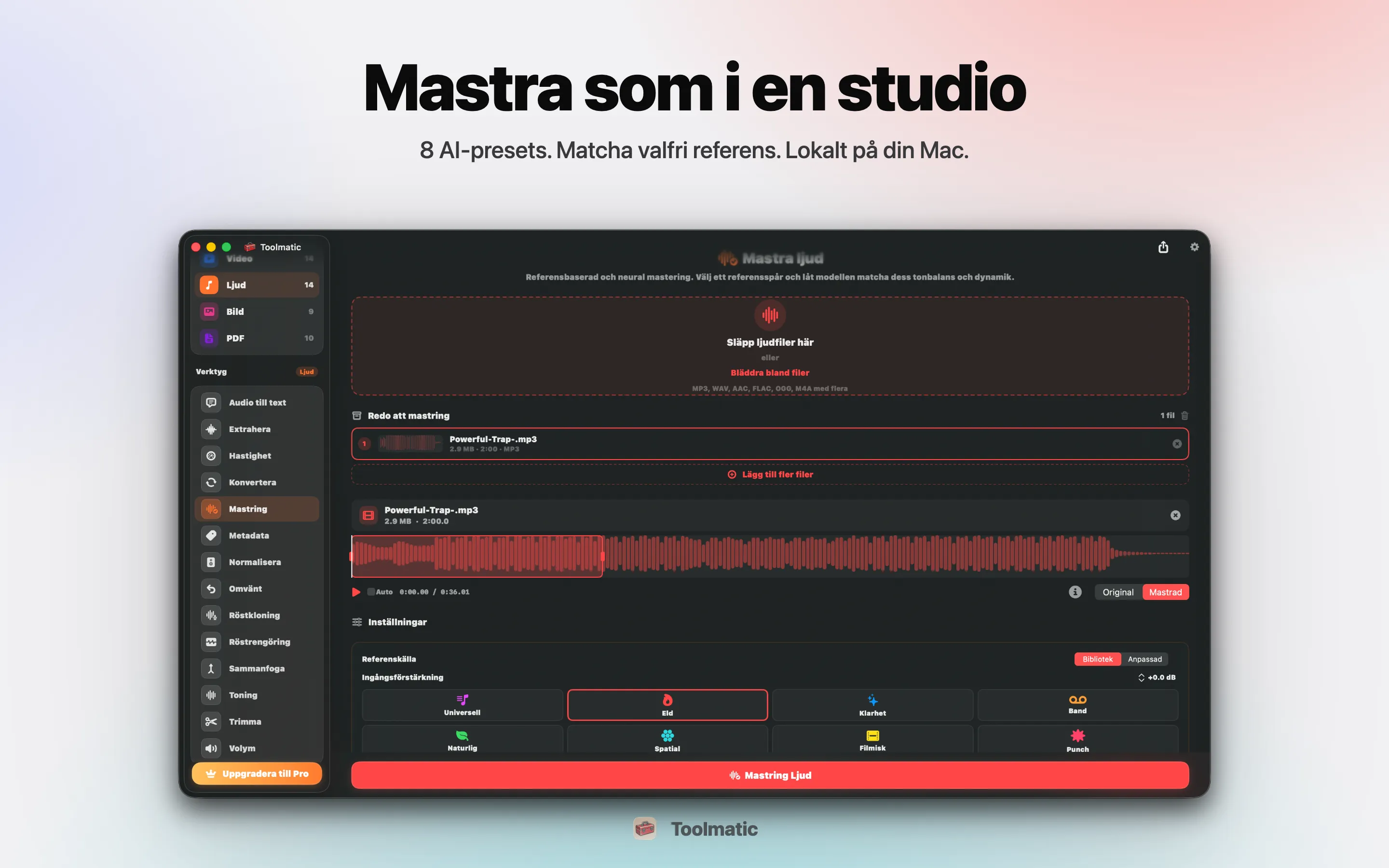 AI Mastering, åtta studiopresets