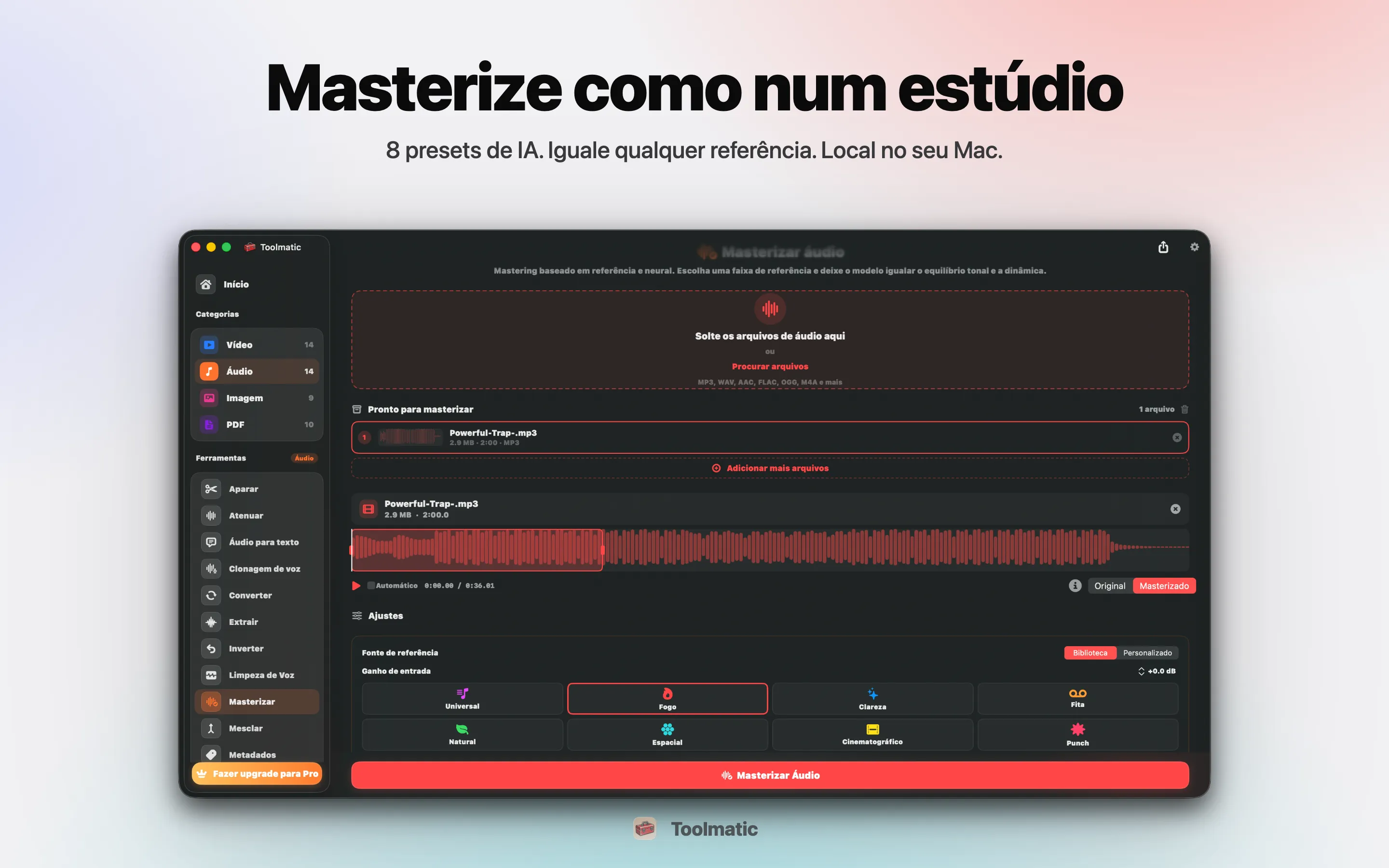 AI Mastering, oito presets de estúdio
