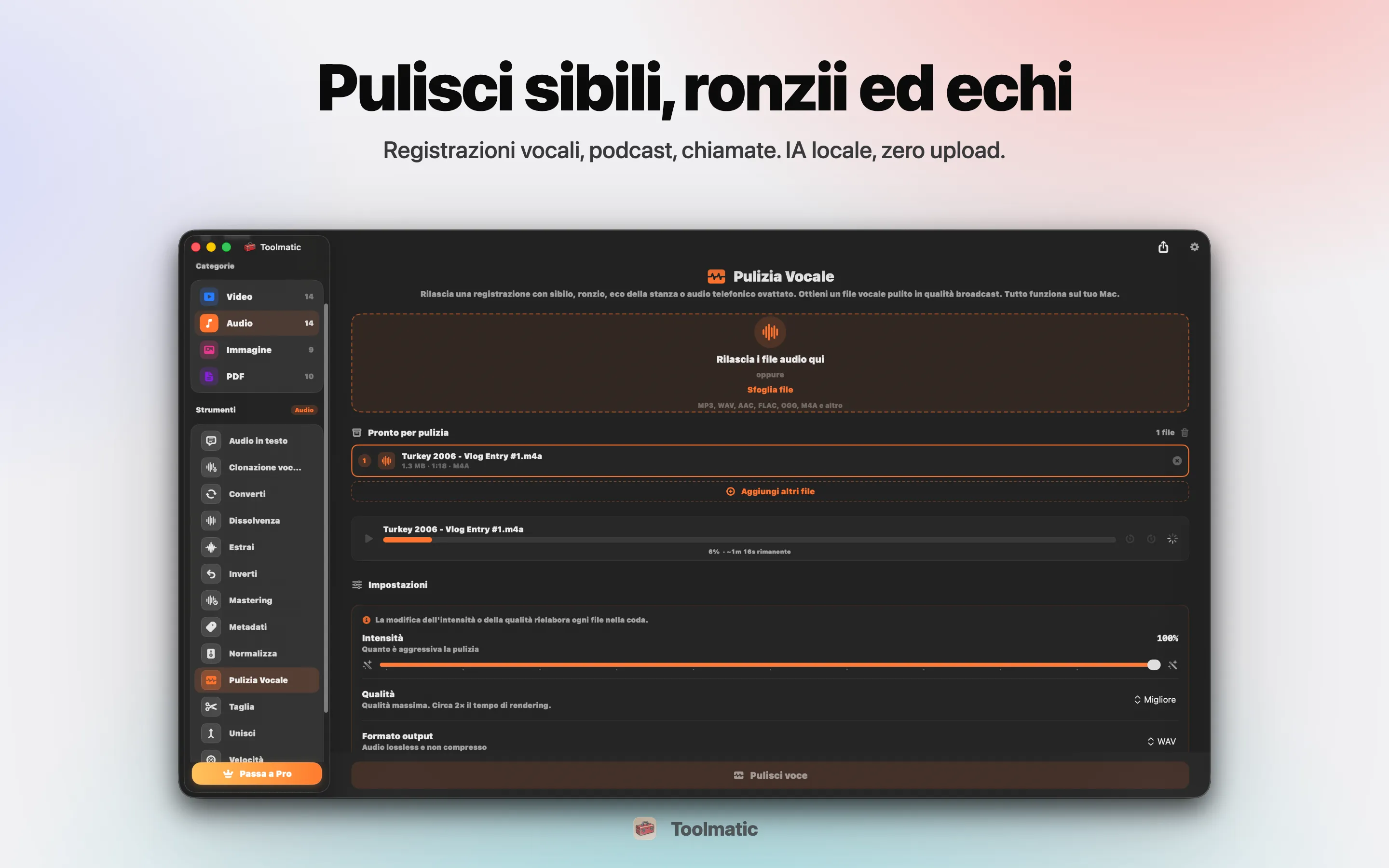 Voice Cleanup, fruscio, ronzio, eco e clipping eliminati