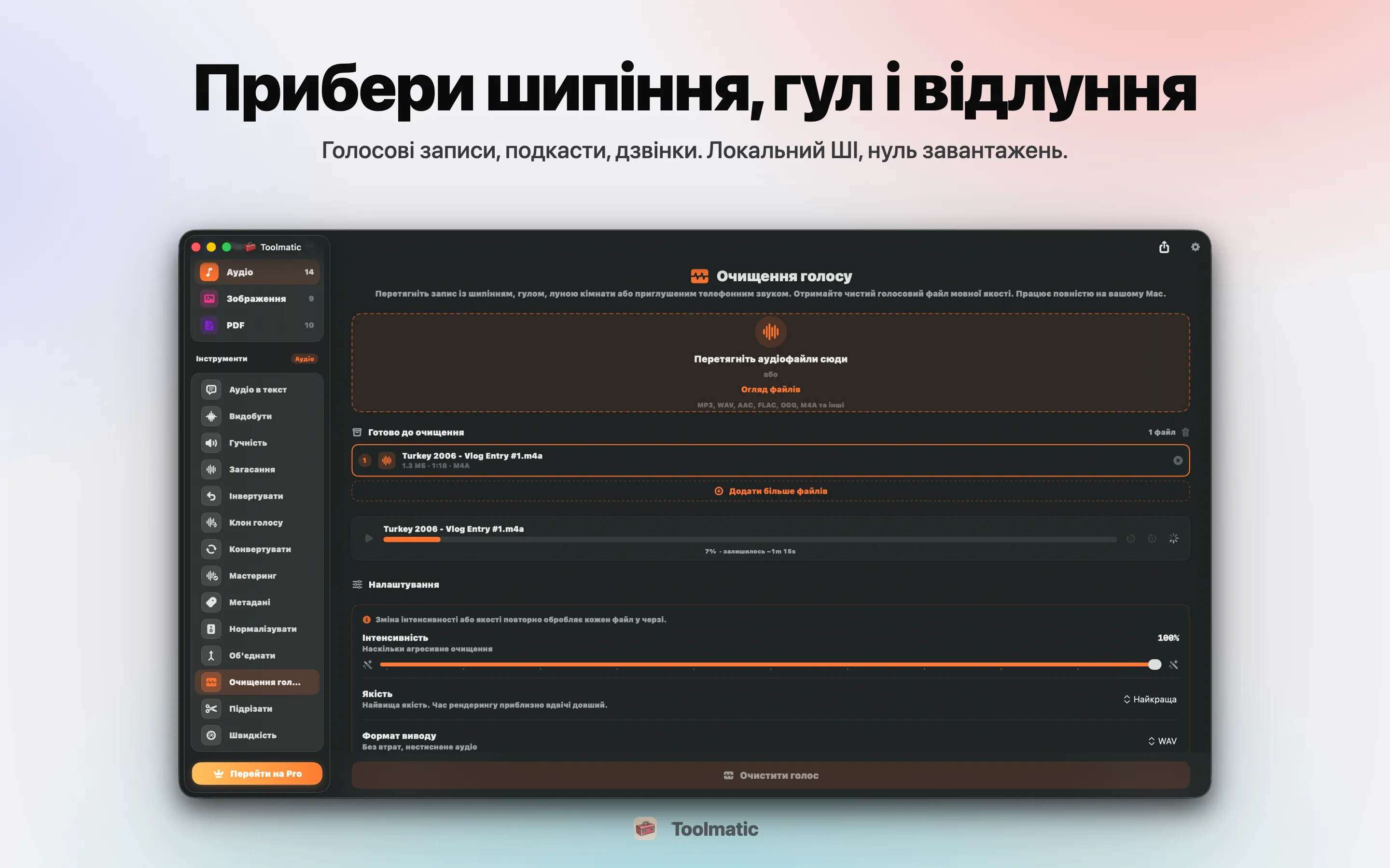 Voice Cleanup, шипіння, гул, відлуння та кліппінг усунено