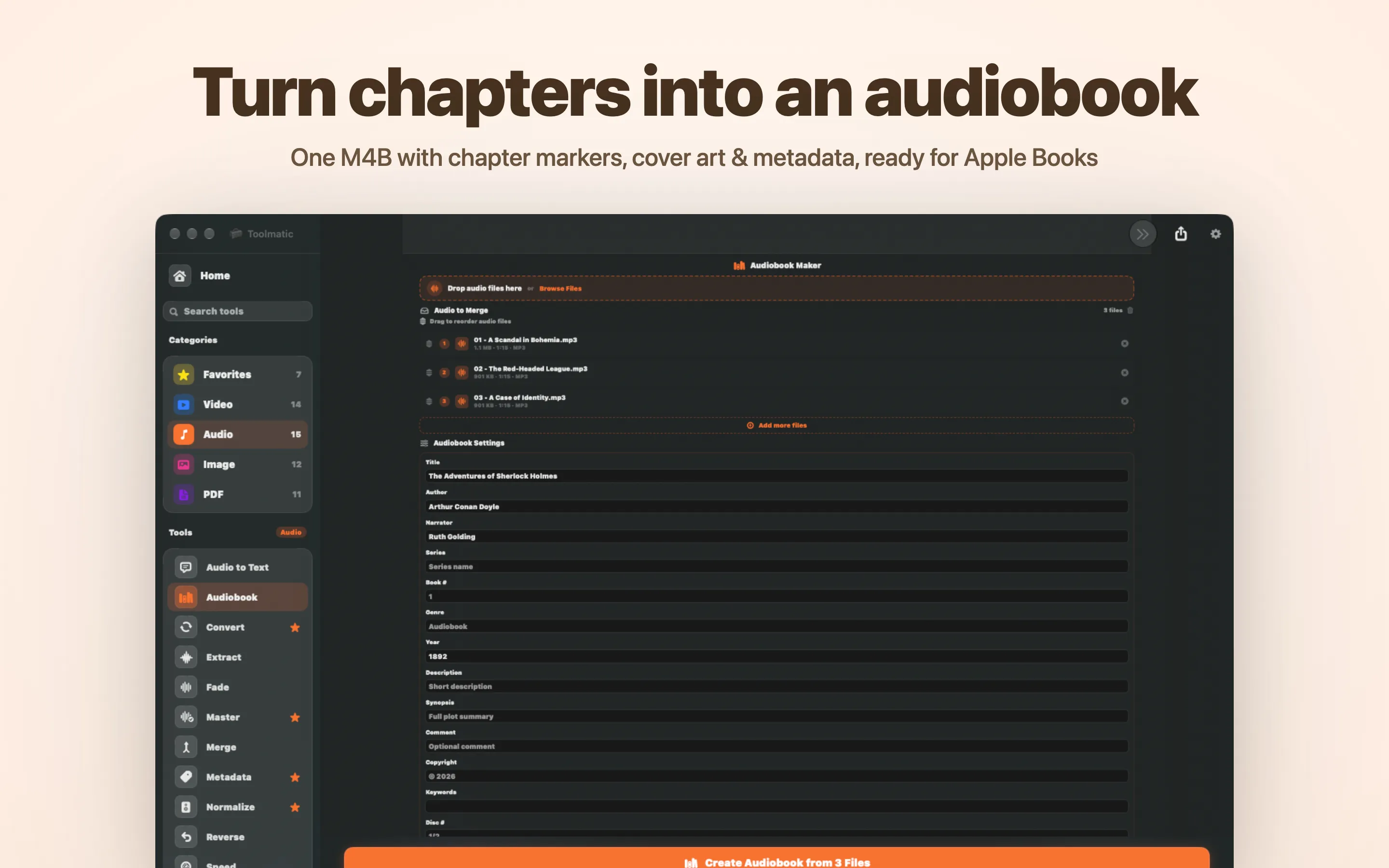 Audiobook Maker, one M4B with chapters and cover art