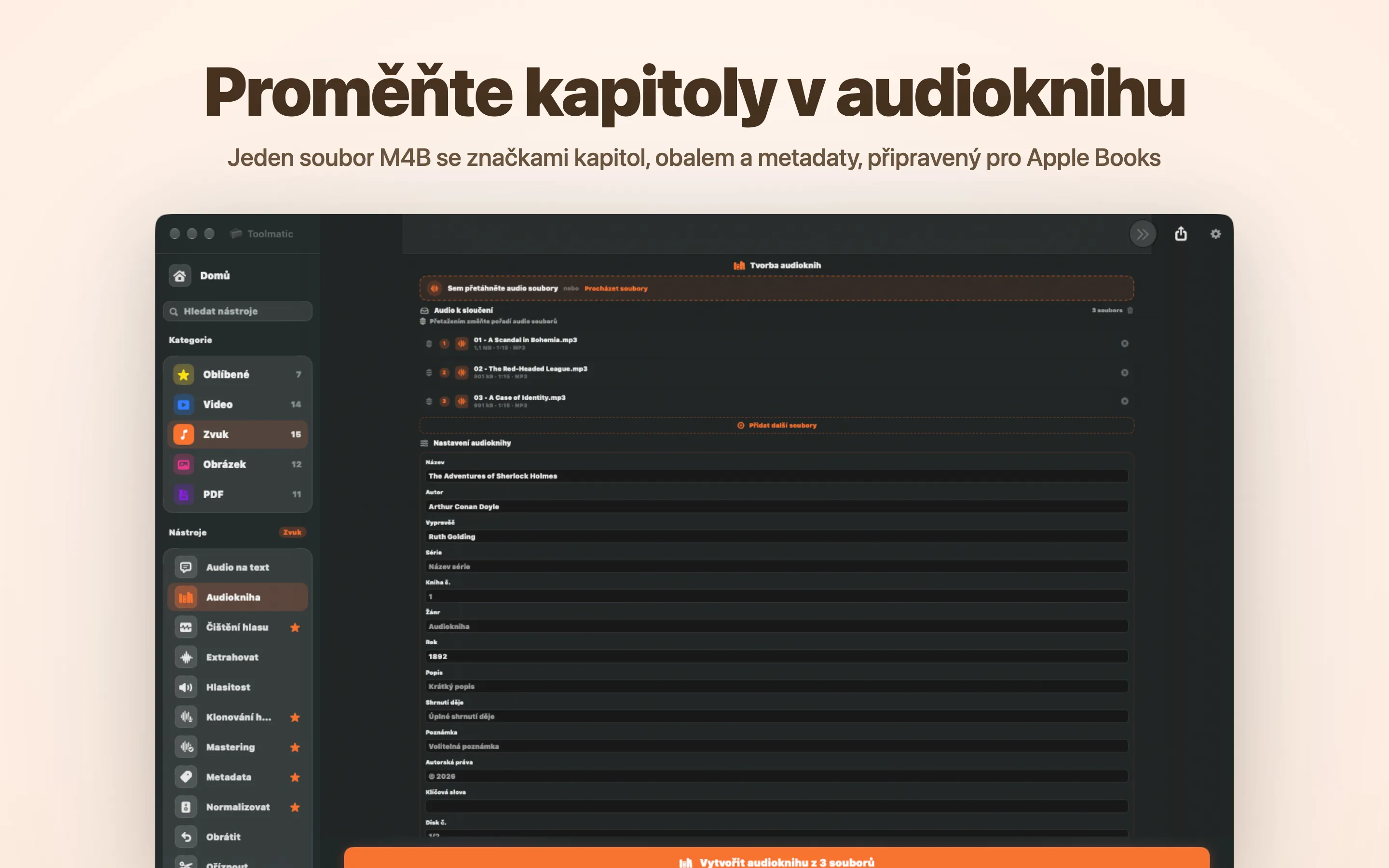 Tvorba audioknih, jeden M4B s kapitolami a obálkou