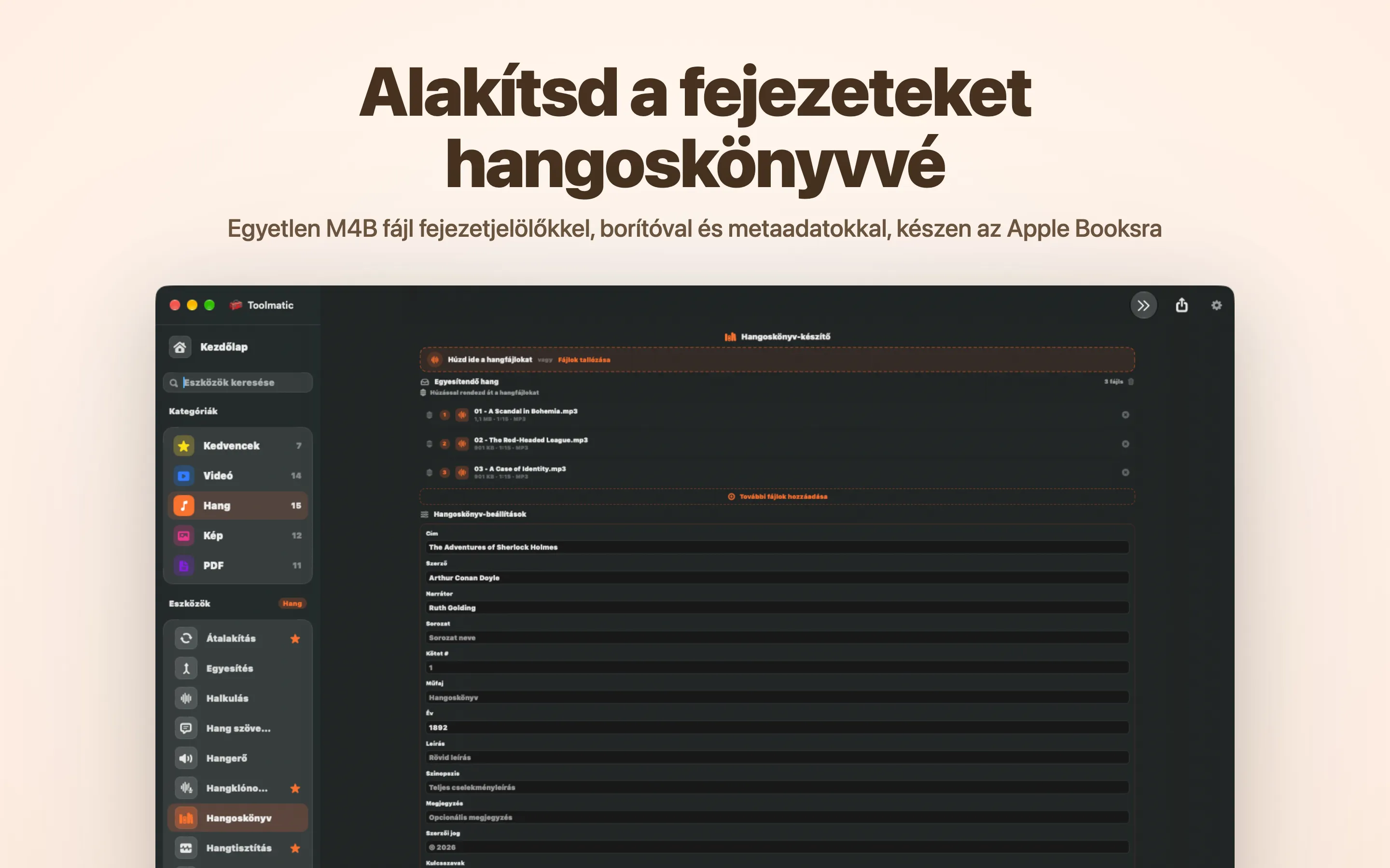 Hangoskönyv-készítő, egyetlen M4B fejezetekkel és borítóval