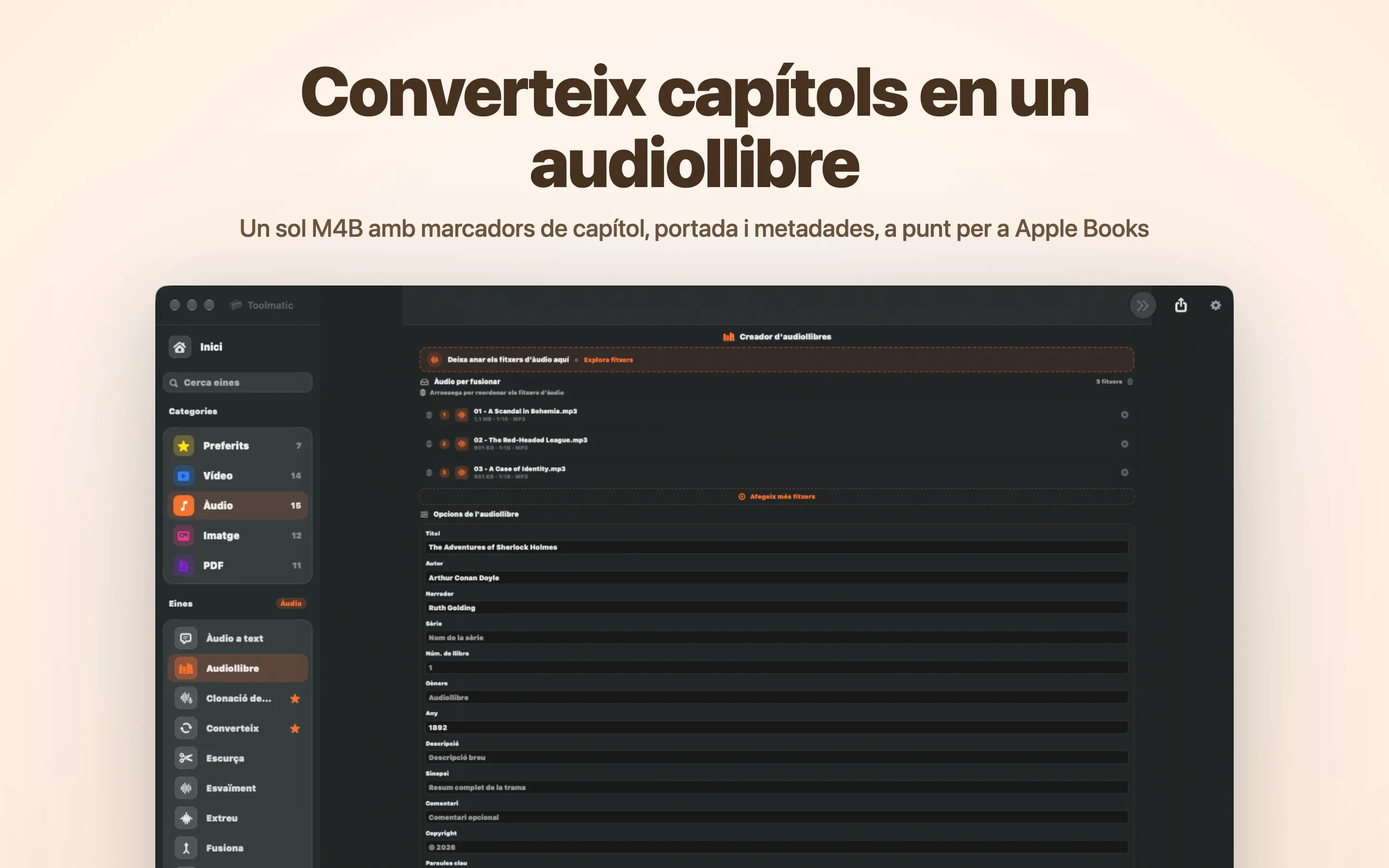 Creador d'audiollibres, un sol M4B amb capítols i portada