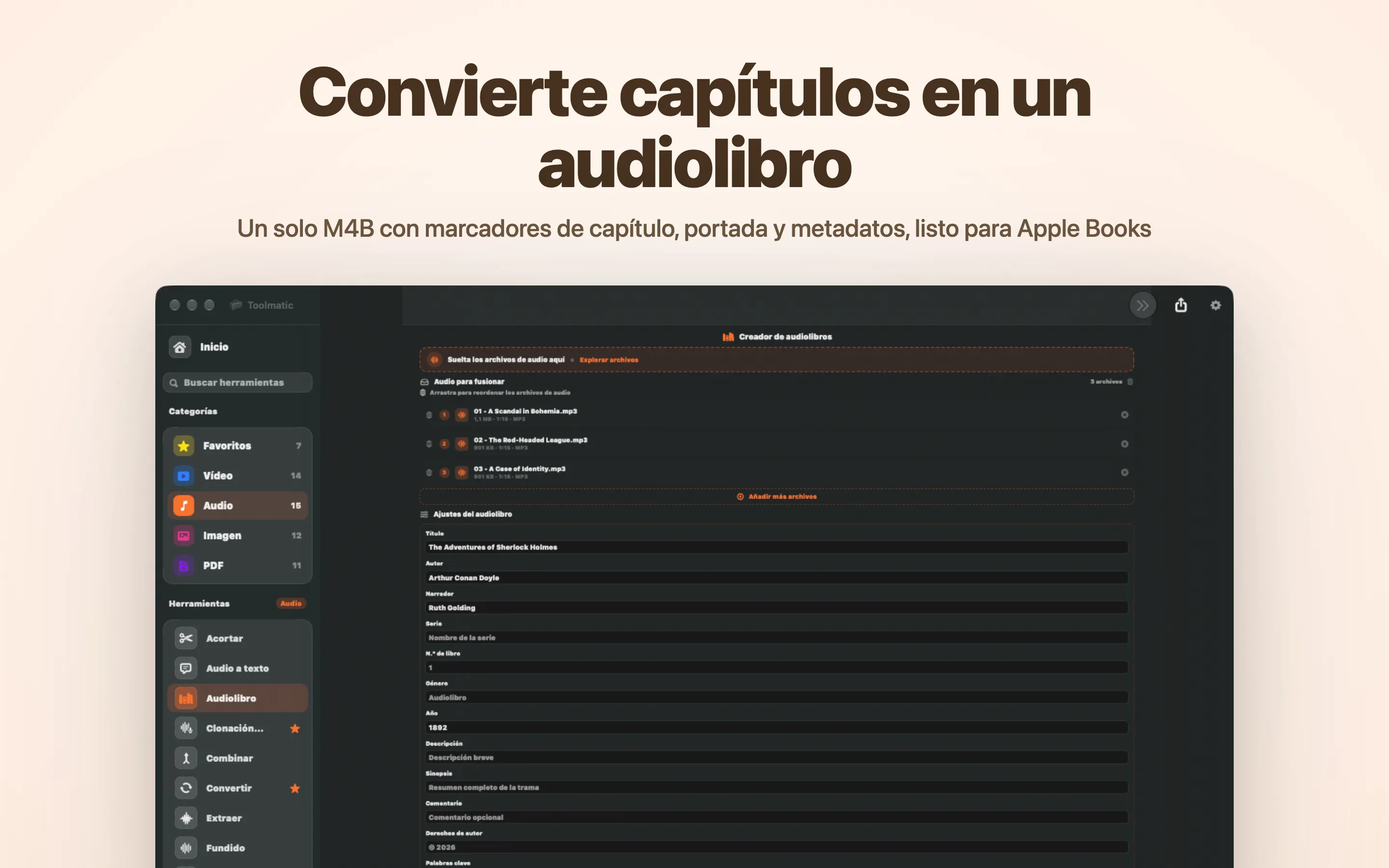 Creador de audiolibros, un M4B con capítulos y portada