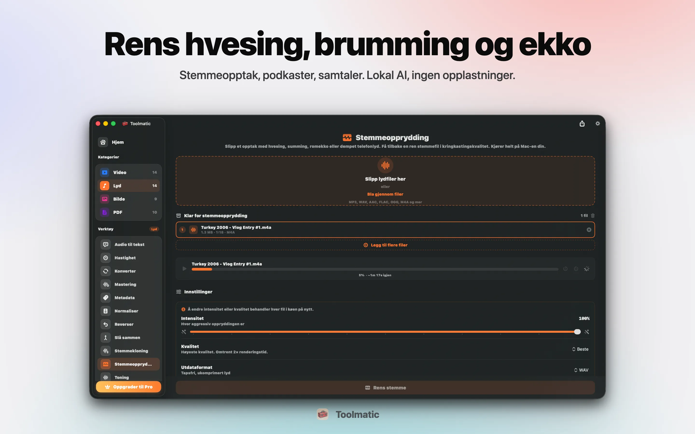 Voice Cleanup, hvesing, brumming, ekko og clipping borte