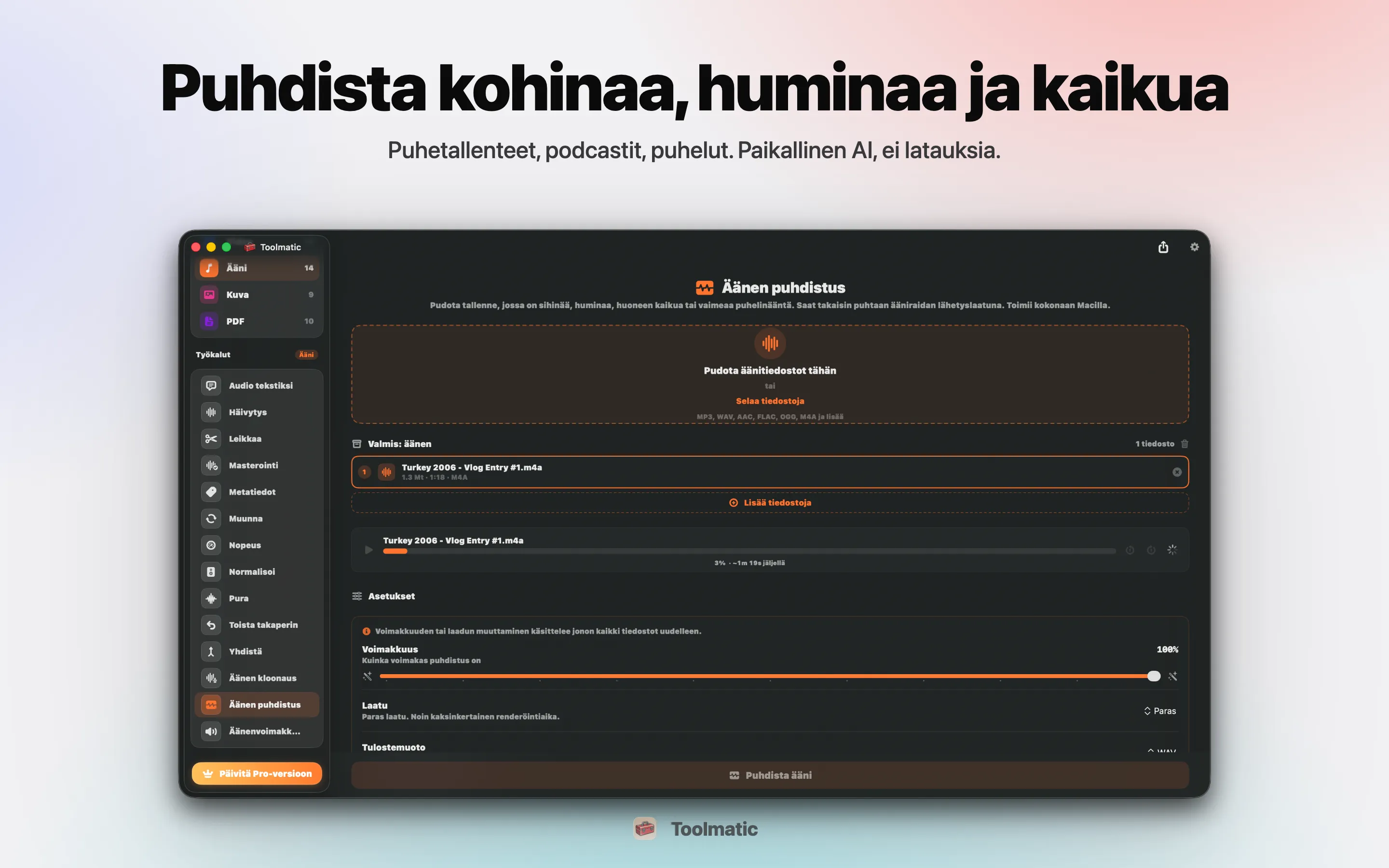 Voice Cleanup, sihinä, hurina, kaiku ja clipping poissa
