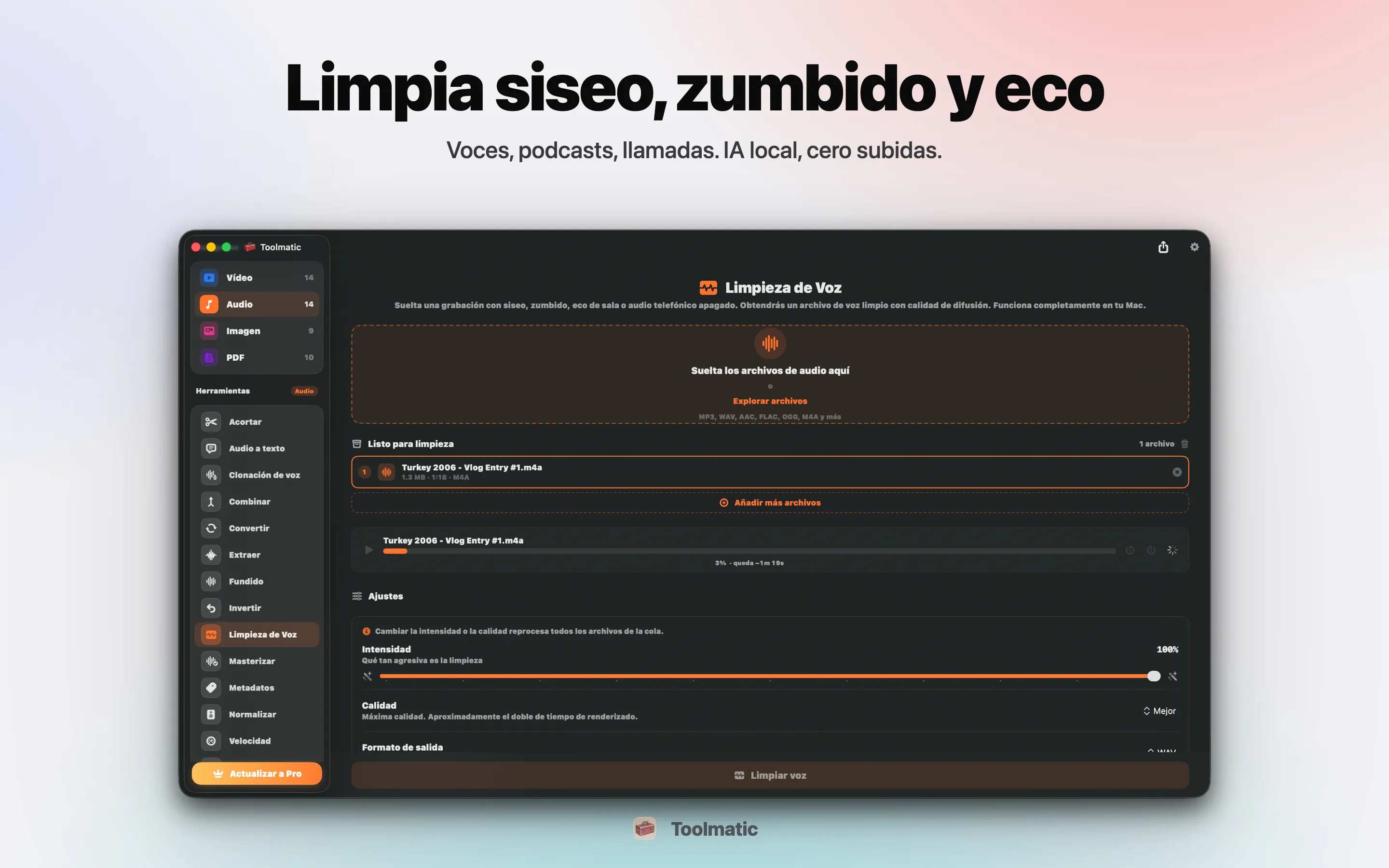 Voice Cleanup, sin siseo, zumbido, eco ni recorte