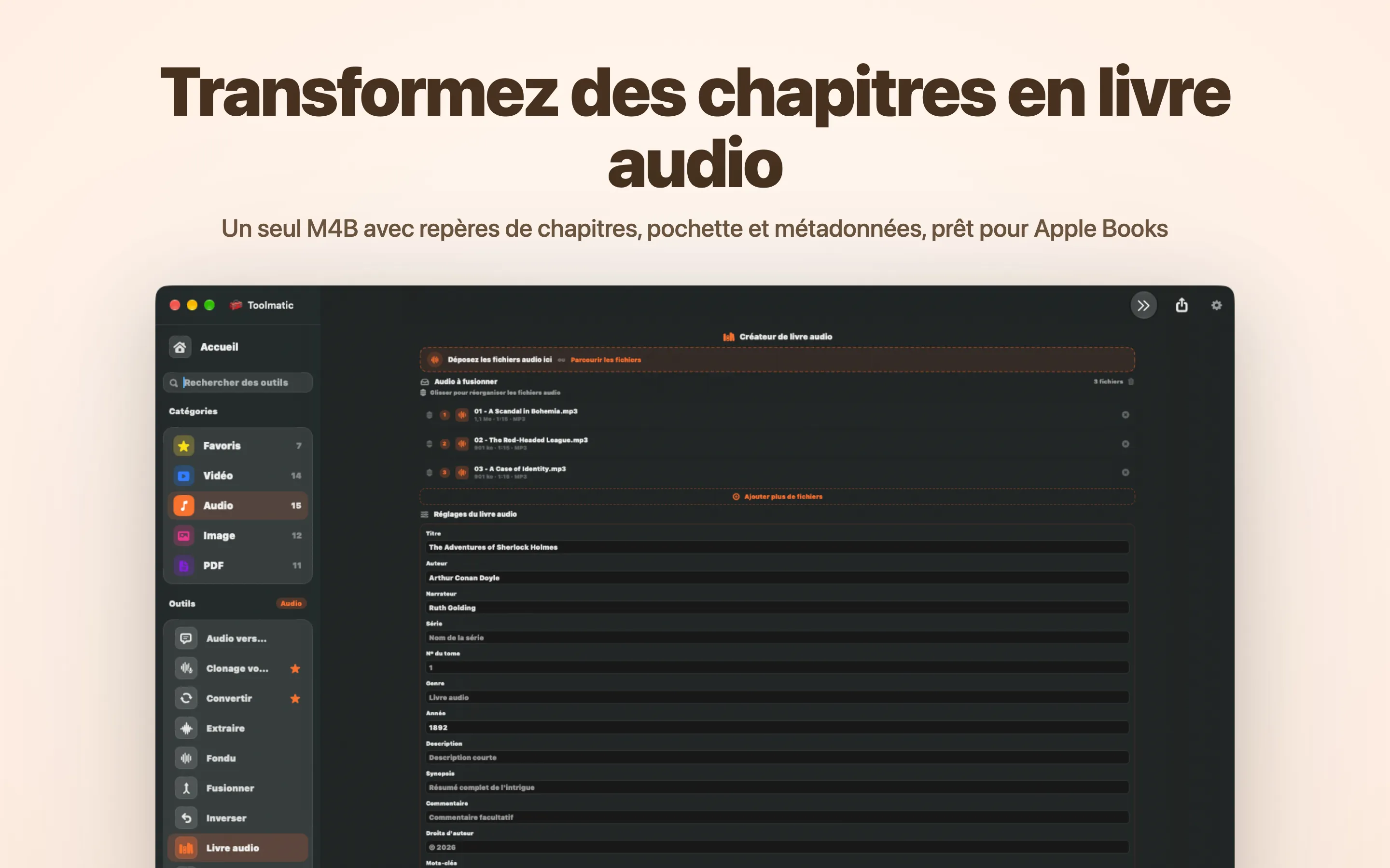 Créateur de livre audio, un seul M4B avec chapitres et couverture