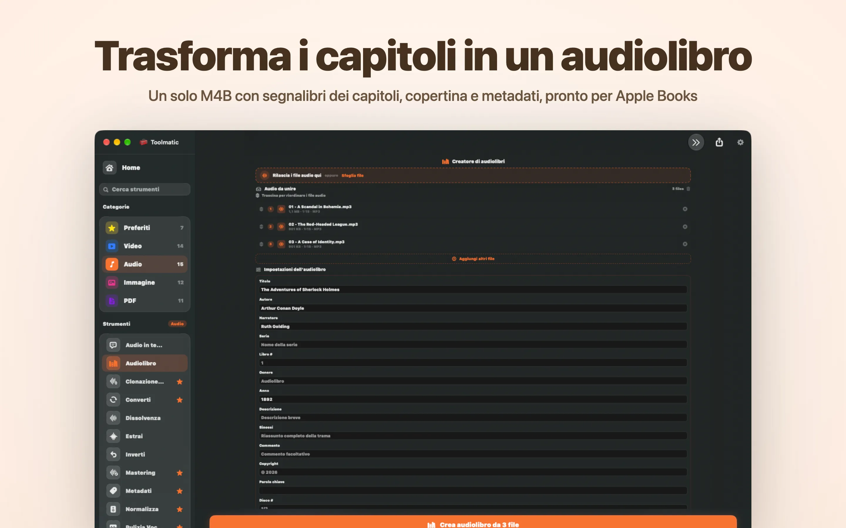 Creatore di audiolibri, un solo M4B con capitoli e copertina