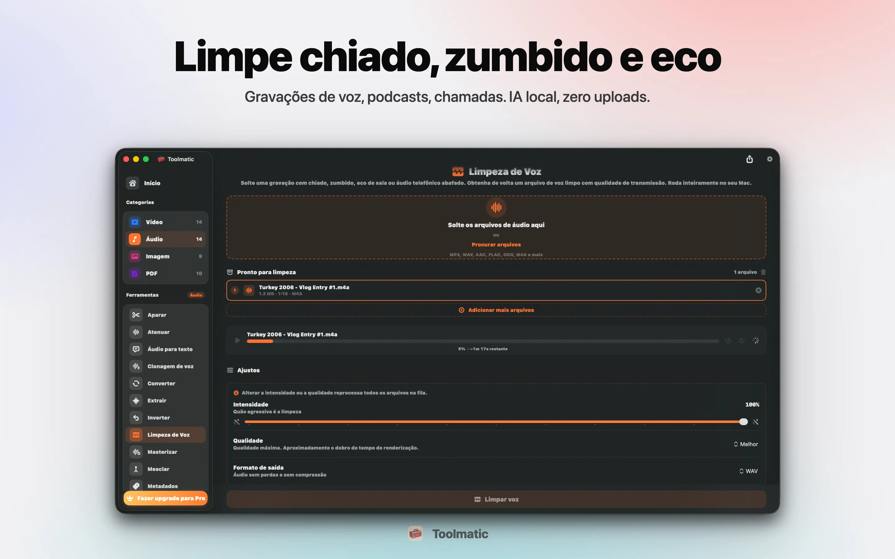 Voice Cleanup, sem chiado, zumbido, eco e clipping