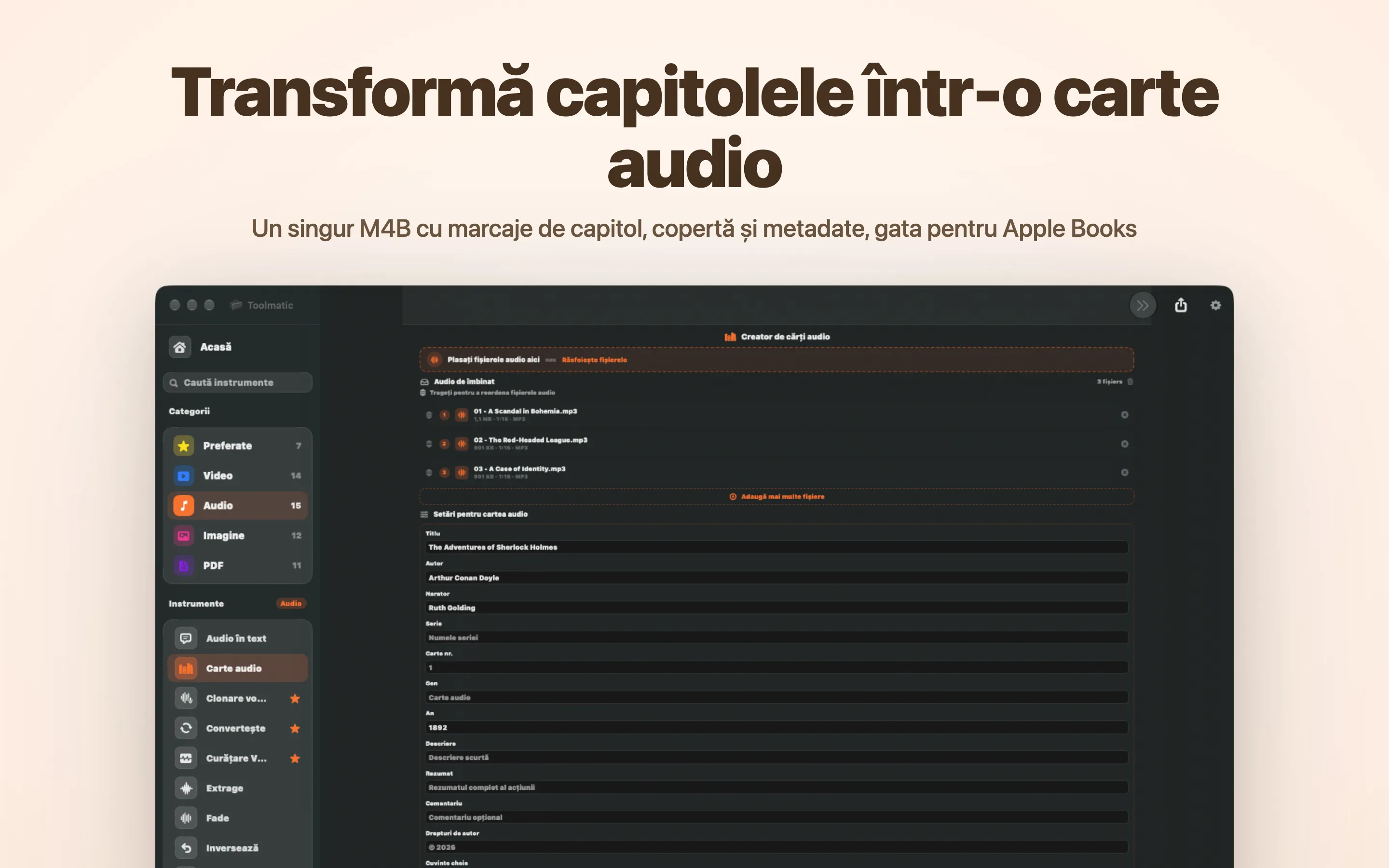 Creator de cărți audio, un singur M4B cu capitole și copertă