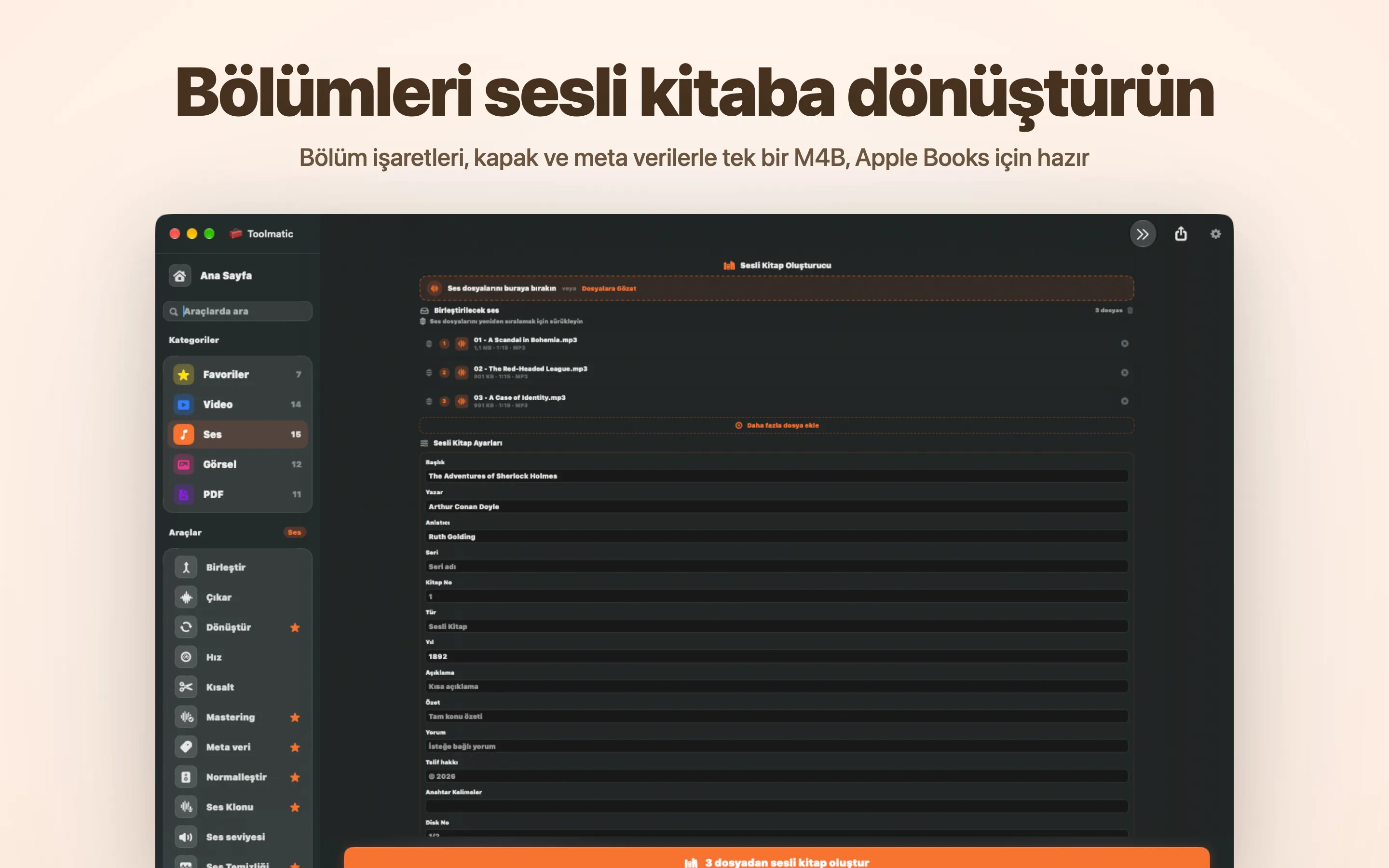 Sesli Kitap Oluşturucu, bölümlü ve kapak resimli tek bir M4B