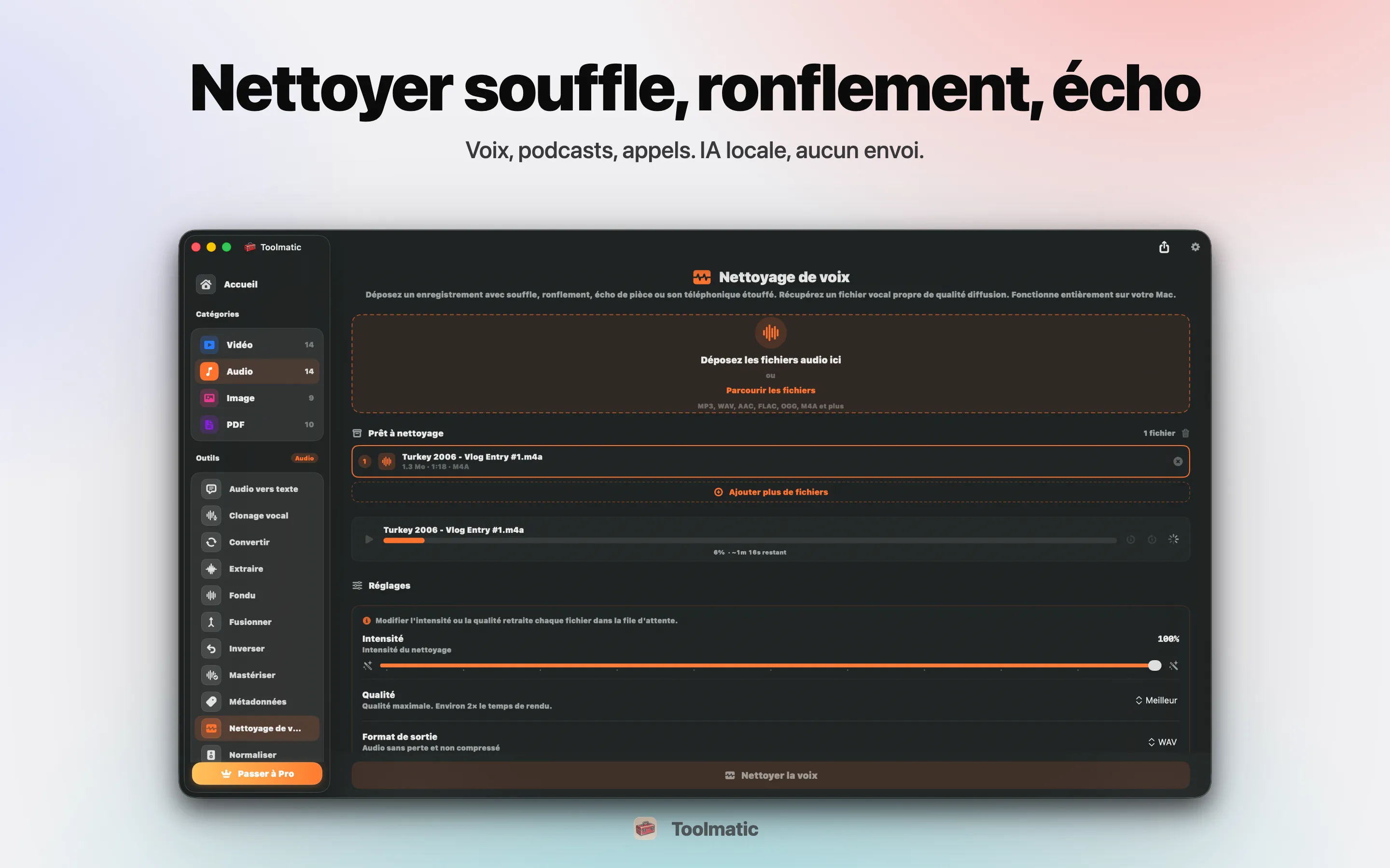 Voice Cleanup, souffle, ronflement, écho et écrêtage éliminés